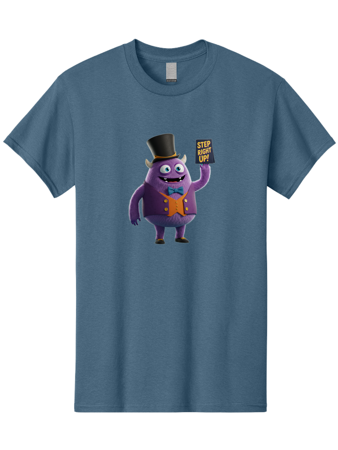 Step-Right-Up-2 Men'S Graphic Tee, 100% Cotton, Comfortable Casual Summer Wear, Machine Washable, Cartoon Monster, Purple Creature, Top Hat, Orange Waistcoat, Blue Bow Tie, Playful Character, Eye-Catching Graphics, Vibrant Colors, Bad722