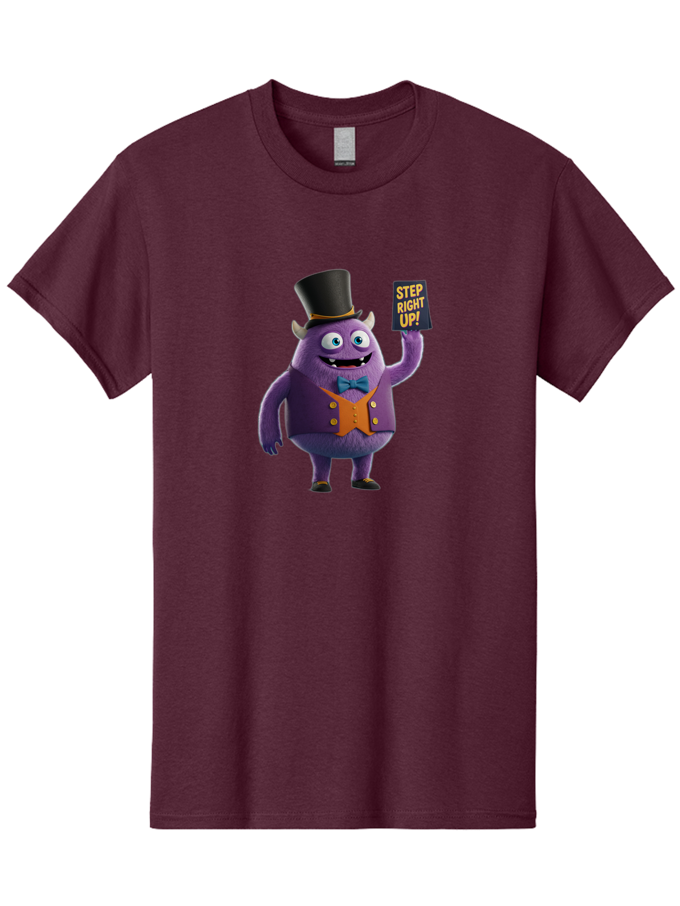 Step-Right-Up-2 Men'S Graphic Tee, 100% Cotton, Comfortable Casual Summer Wear, Machine Washable, Cartoon Monster, Purple Creature, Top Hat, Orange Waistcoat, Blue Bow Tie, Playful Character, Eye-Catching Graphics, Vibrant Colors, Bad722