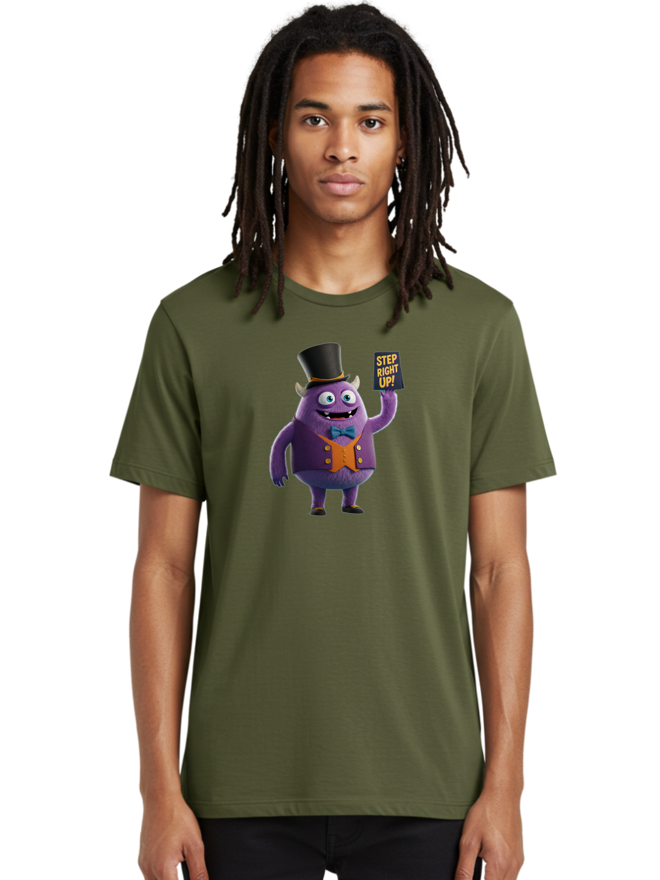 Step-Right-Up-2 Men'S Graphic Tee, 100% Cotton, Comfortable Casual Summer Wear, Machine Washable, Cartoon Monster, Purple Creature, Top Hat, Orange Waistcoat, Blue Bow Tie, Playful Character, Eye-Catching Graphics, Vibrant Colors, Bad722