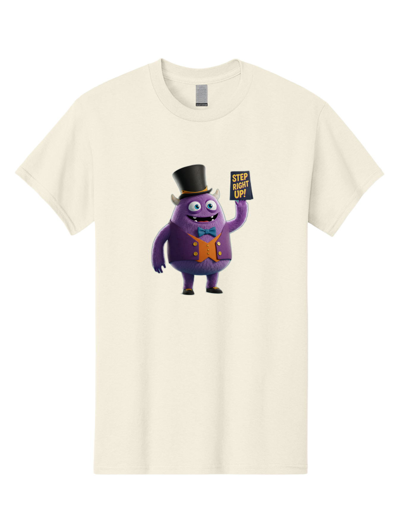 Step-Right-Up-2 Men'S Graphic Tee, 100% Cotton, Comfortable Casual Summer Wear, Machine Washable, Cartoon Monster, Purple Creature, Top Hat, Orange Waistcoat, Blue Bow Tie, Playful Character, Eye-Catching Graphics, Vibrant Colors, Bad722