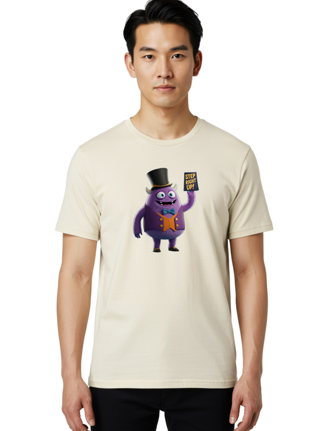 Step-Right-Up-2 Men'S Graphic Tee, 100% Cotton, Comfortable Casual Summer Wear, Machine Washable, Cartoon Monster, Purple Creature, Top Hat, Orange Waistcoat, Blue Bow Tie, Playful Character, Eye-Catching Graphics, Vibrant Colors, Bad722