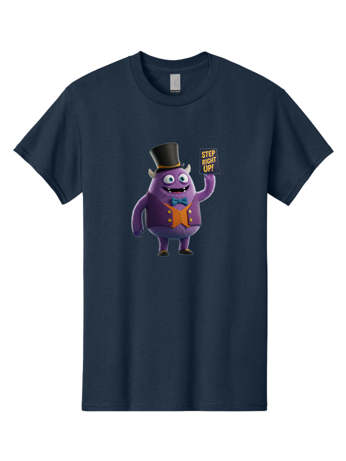 Step-Right-Up-2 Men'S Graphic Tee, 100% Cotton, Comfortable Casual Summer Wear, Machine Washable, Cartoon Monster, Purple Creature, Top Hat, Orange Waistcoat, Blue Bow Tie, Playful Character, Eye-Catching Graphics, Vibrant Colors, Bad722