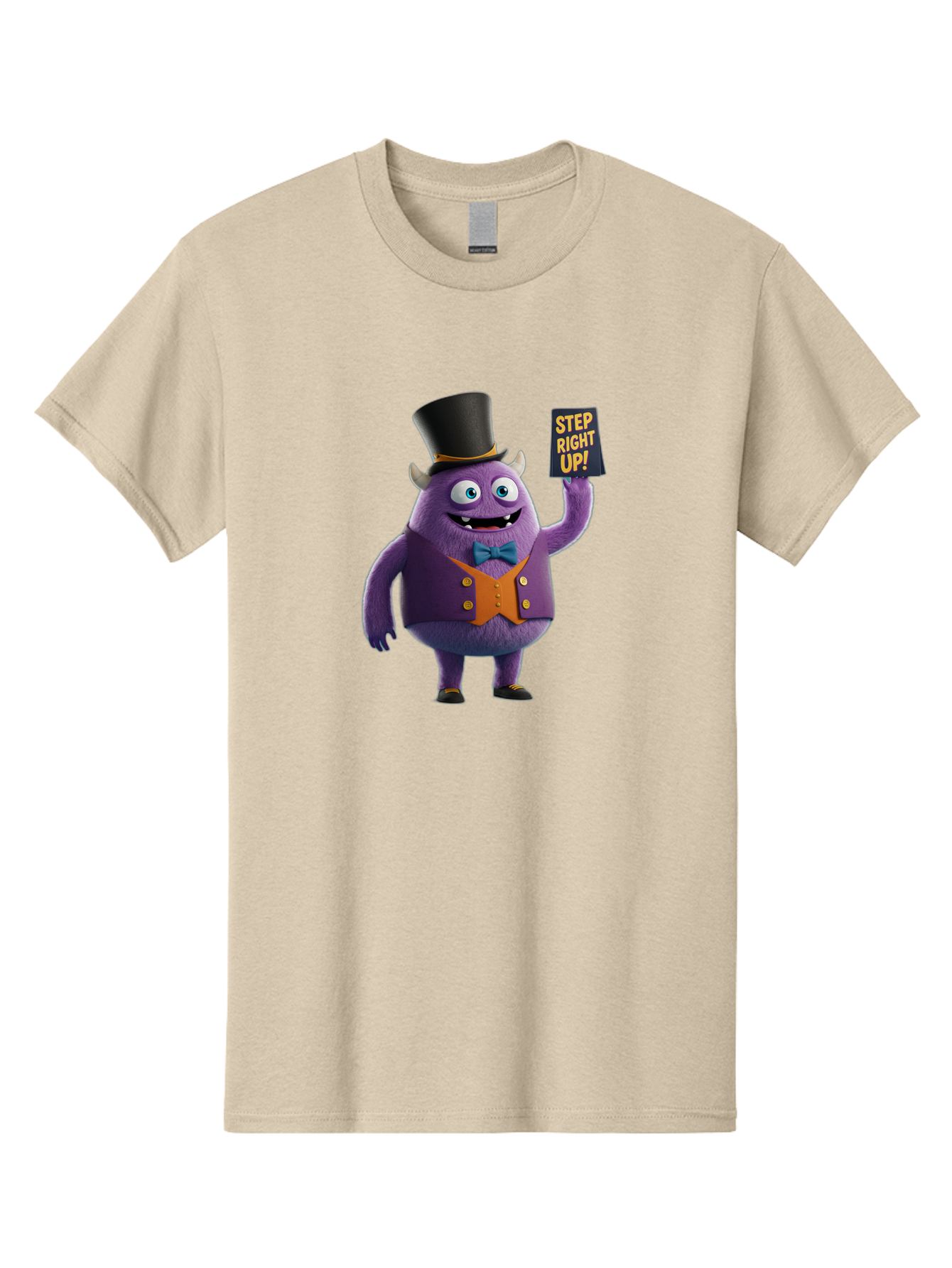 Step-Right-Up-2 Men'S Graphic Tee, 100% Cotton, Comfortable Casual Summer Wear, Machine Washable, Cartoon Monster, Purple Creature, Top Hat, Orange Waistcoat, Blue Bow Tie, Playful Character, Eye-Catching Graphics, Vibrant Colors, Bad722