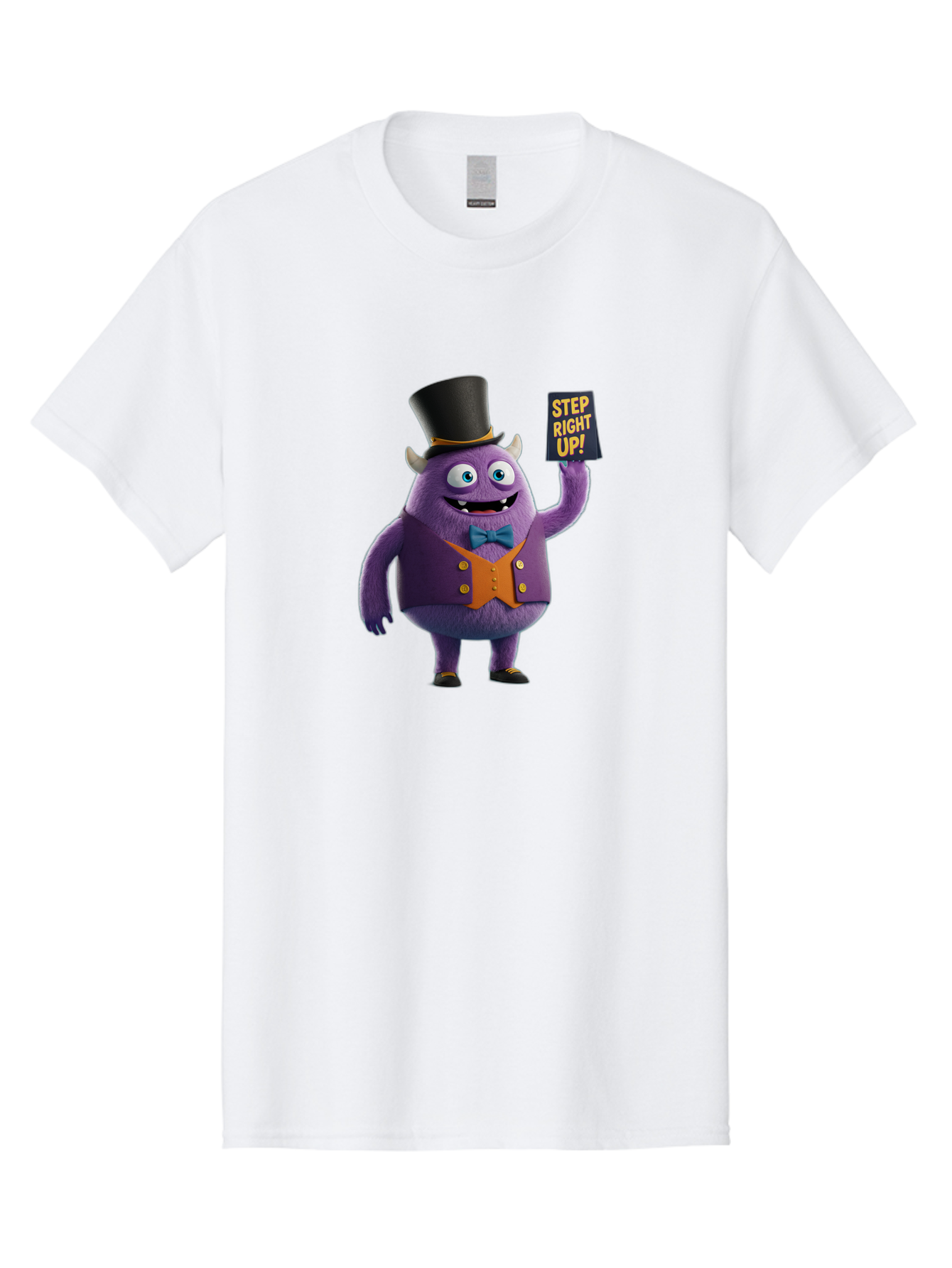 Step-Right-Up-2 Men'S Graphic Tee, 100% Cotton, Comfortable Casual Summer Wear, Machine Washable, Cartoon Monster, Purple Creature, Top Hat, Orange Waistcoat, Blue Bow Tie, Playful Character, Eye-Catching Graphics, Vibrant Colors, Bad722
