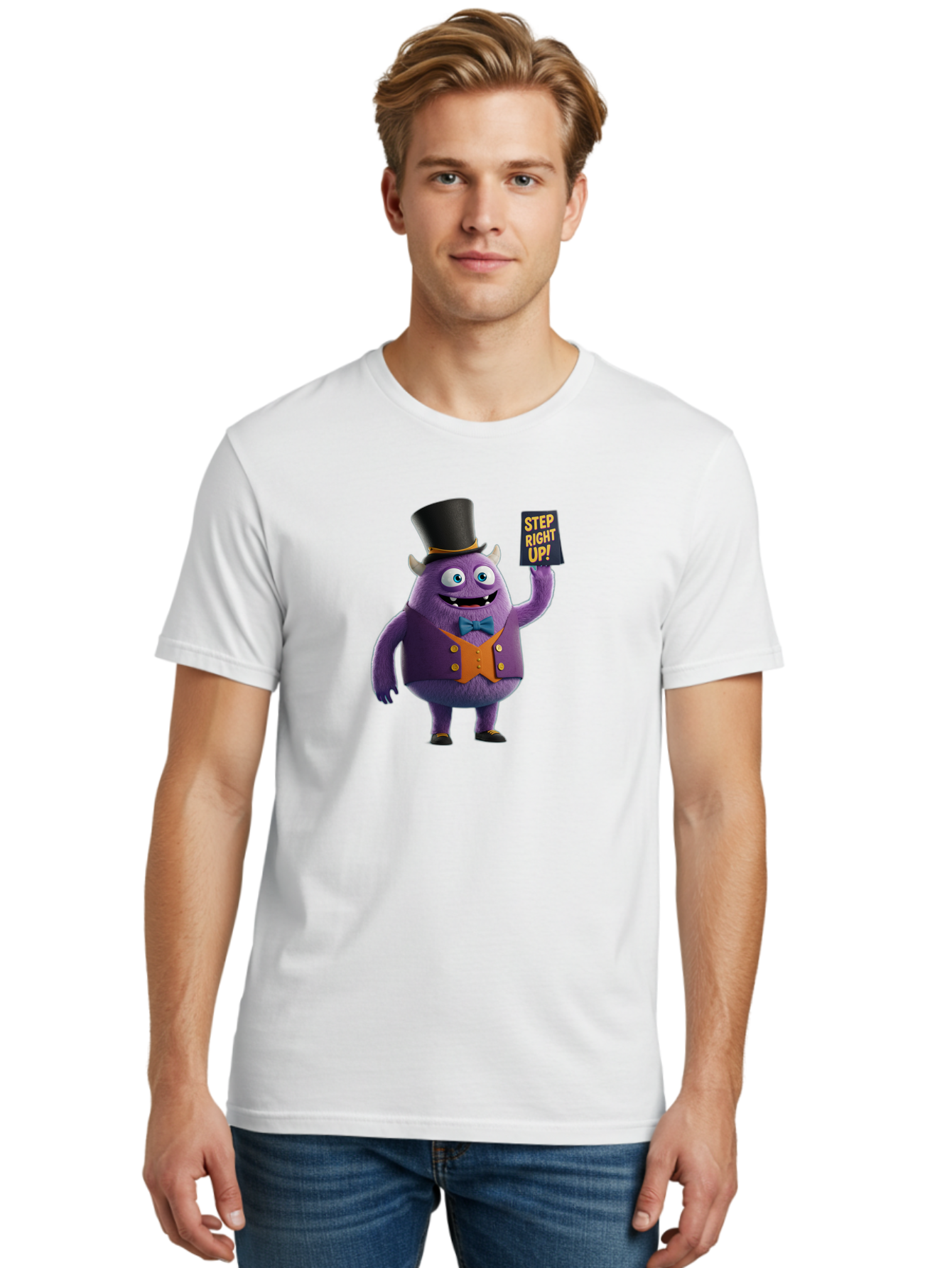 Step-Right-Up-2 Men'S Graphic Tee, 100% Cotton, Comfortable Casual Summer Wear, Machine Washable, Cartoon Monster, Purple Creature, Top Hat, Orange Waistcoat, Blue Bow Tie, Playful Character, Eye-Catching Graphics, Vibrant Colors, Bad722