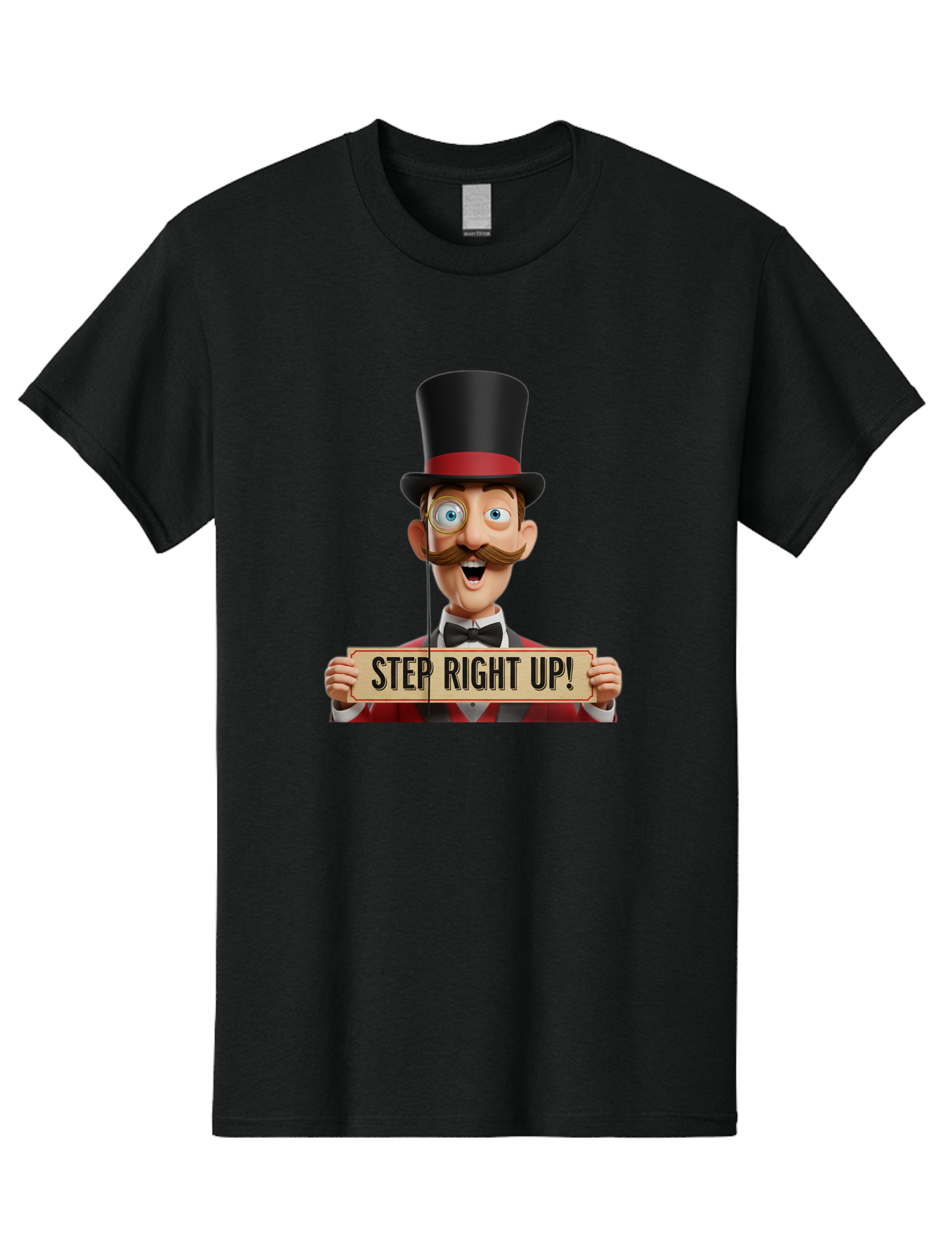 Step-Right-Up-3 Men'S Graphic Tee, 100% Cotton, Comfortable Casual Summer Wear, Machine Washable, Cartoon Ringmaster, Top Hat, Red Jacket, Green Vest, Vintage Style, Step Right Up Banner, Carnival Barker, Circus Theme, Victorian Era Fashion, Bad723