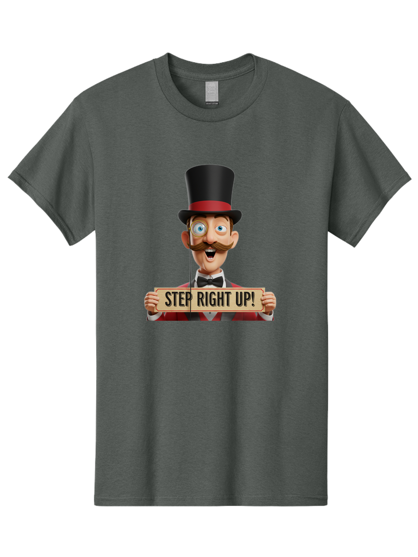 Step-Right-Up-3 Men'S Graphic Tee, 100% Cotton, Comfortable Casual Summer Wear, Machine Washable, Cartoon Ringmaster, Top Hat, Red Jacket, Green Vest, Vintage Style, Step Right Up Banner, Carnival Barker, Circus Theme, Victorian Era Fashion, Bad723