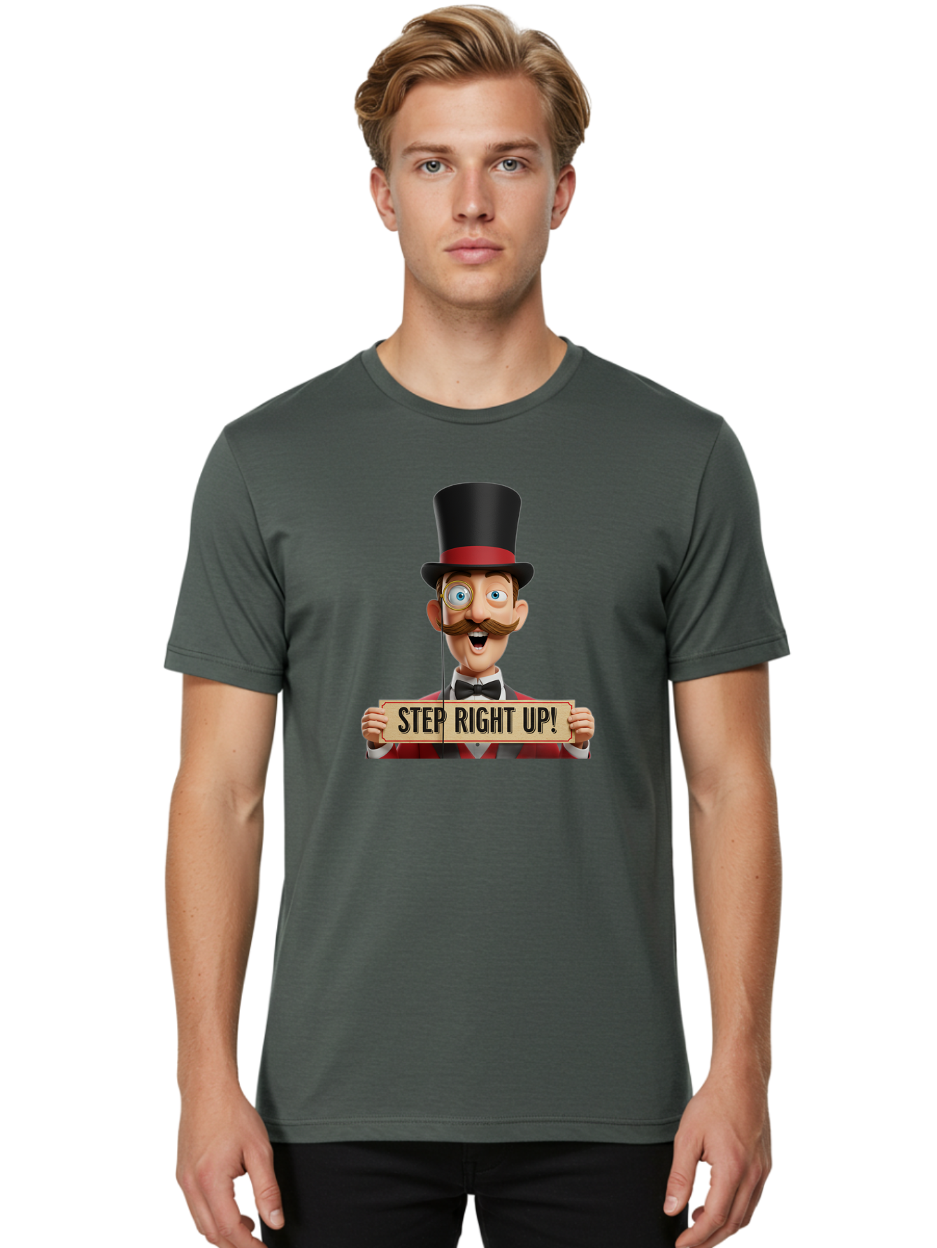 Step-Right-Up-3 Men'S Graphic Tee, 100% Cotton, Comfortable Casual Summer Wear, Machine Washable, Cartoon Ringmaster, Top Hat, Red Jacket, Green Vest, Vintage Style, Step Right Up Banner, Carnival Barker, Circus Theme, Victorian Era Fashion, Bad723