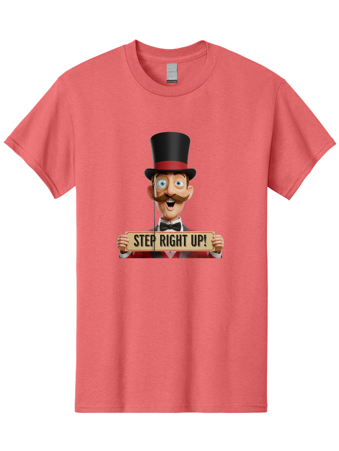 Step-Right-Up-3 Men'S Graphic Tee, 100% Cotton, Comfortable Casual Summer Wear, Machine Washable, Cartoon Ringmaster, Top Hat, Red Jacket, Green Vest, Vintage Style, Step Right Up Banner, Carnival Barker, Circus Theme, Victorian Era Fashion, Bad723