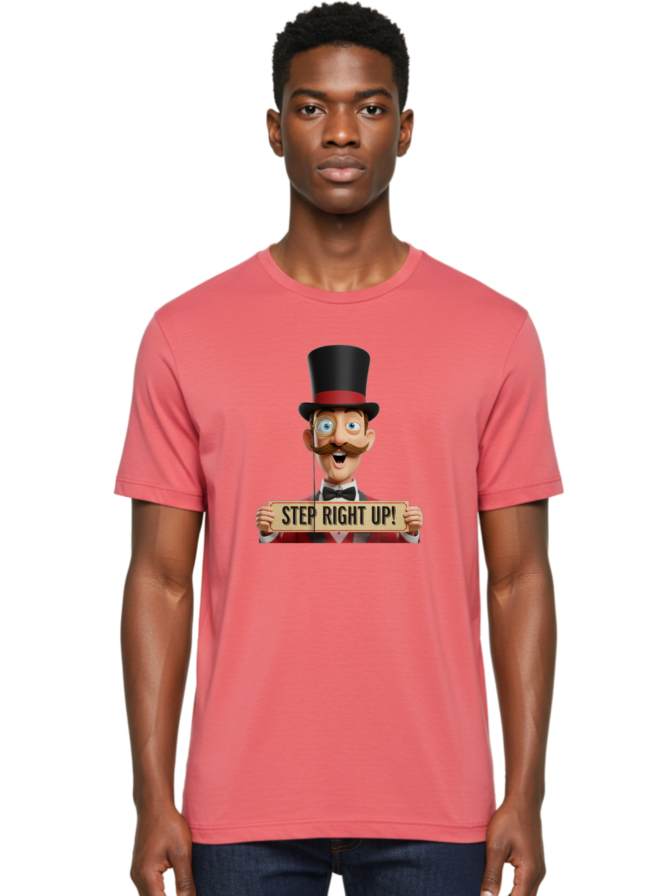 Step-Right-Up-3 Men'S Graphic Tee, 100% Cotton, Comfortable Casual Summer Wear, Machine Washable, Cartoon Ringmaster, Top Hat, Red Jacket, Green Vest, Vintage Style, Step Right Up Banner, Carnival Barker, Circus Theme, Victorian Era Fashion, Bad723