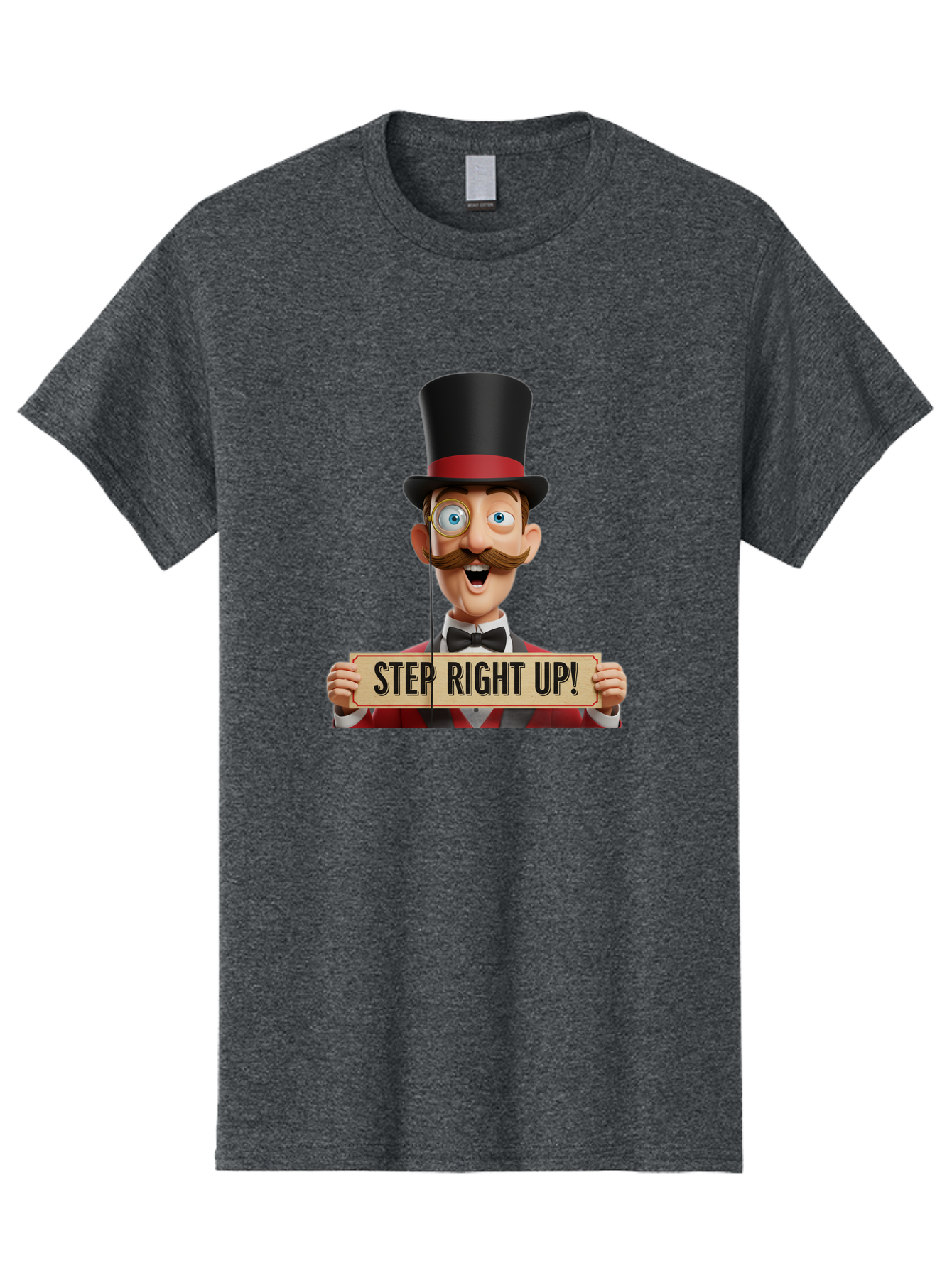 Step-Right-Up-3 Men'S Graphic Tee, 100% Cotton, Comfortable Casual Summer Wear, Machine Washable, Cartoon Ringmaster, Top Hat, Red Jacket, Green Vest, Vintage Style, Step Right Up Banner, Carnival Barker, Circus Theme, Victorian Era Fashion, Bad723