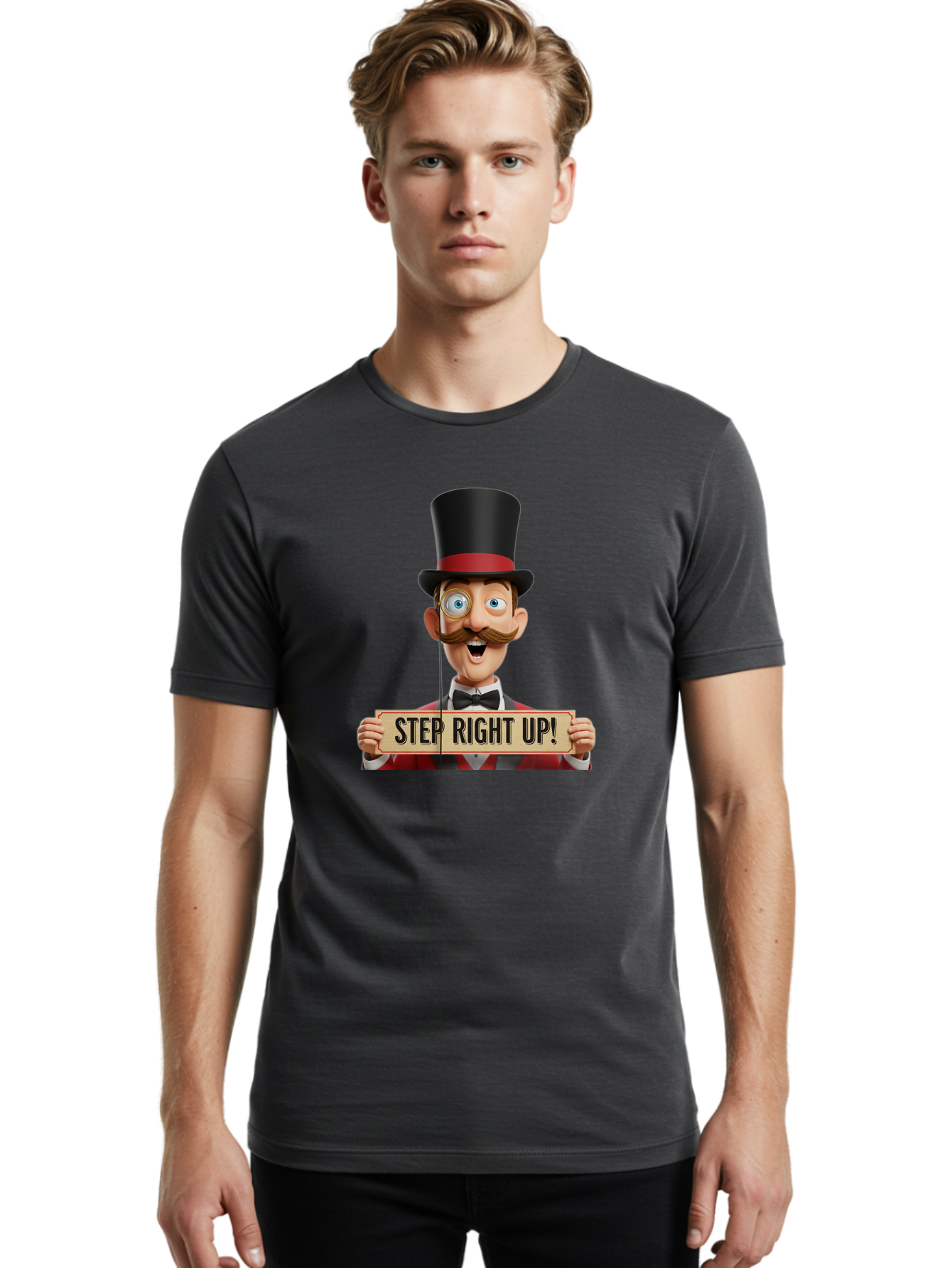 Step-Right-Up-3 Men'S Graphic Tee, 100% Cotton, Comfortable Casual Summer Wear, Machine Washable, Cartoon Ringmaster, Top Hat, Red Jacket, Green Vest, Vintage Style, Step Right Up Banner, Carnival Barker, Circus Theme, Victorian Era Fashion, Bad723