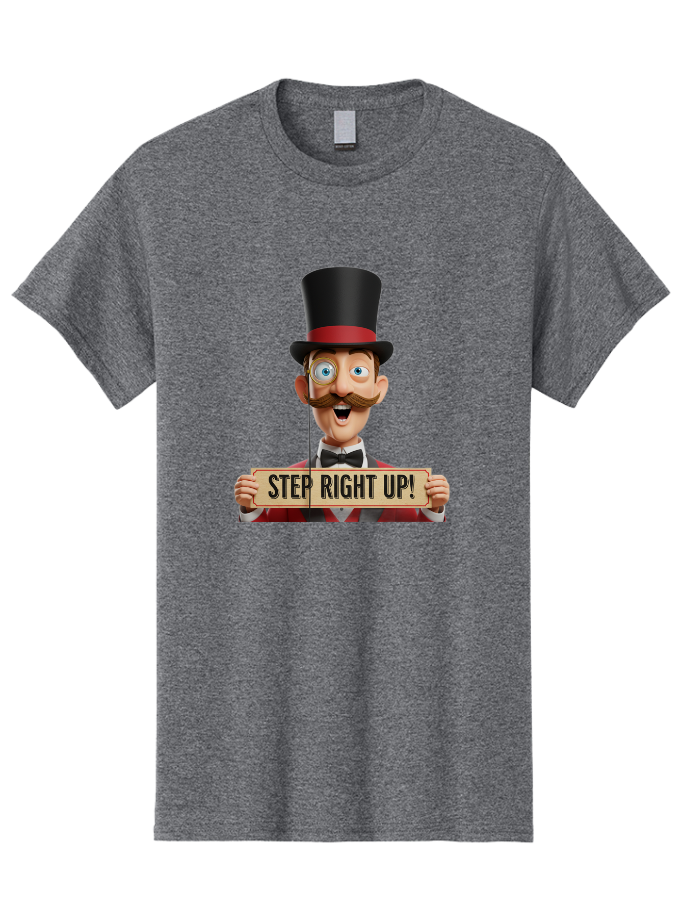 Step-Right-Up-3 Men'S Graphic Tee, 100% Cotton, Comfortable Casual Summer Wear, Machine Washable, Cartoon Ringmaster, Top Hat, Red Jacket, Green Vest, Vintage Style, Step Right Up Banner, Carnival Barker, Circus Theme, Victorian Era Fashion, Bad723