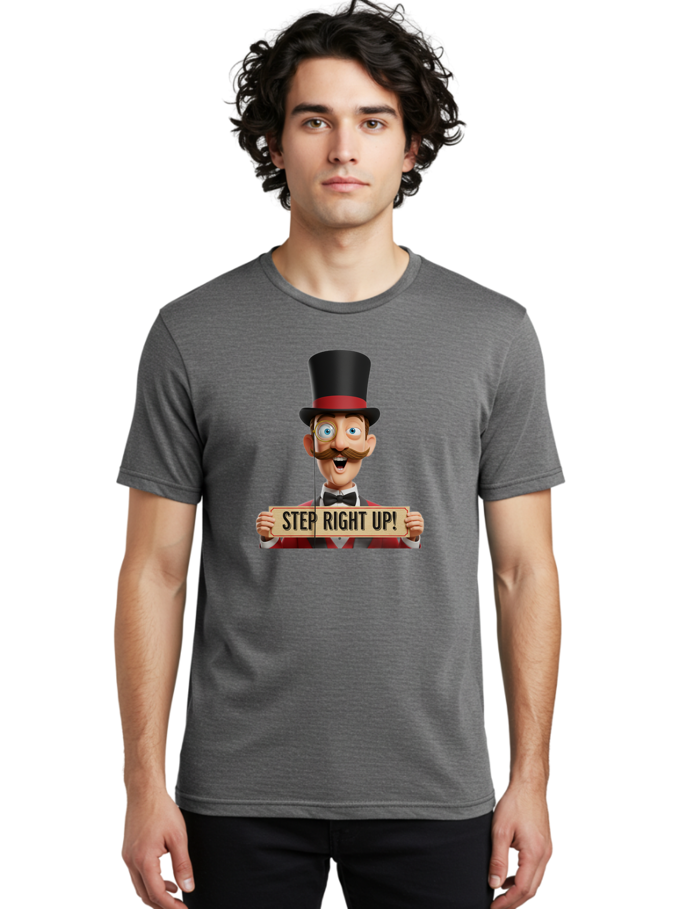 Step-Right-Up-3 Men'S Graphic Tee, 100% Cotton, Comfortable Casual Summer Wear, Machine Washable, Cartoon Ringmaster, Top Hat, Red Jacket, Green Vest, Vintage Style, Step Right Up Banner, Carnival Barker, Circus Theme, Victorian Era Fashion, Bad723