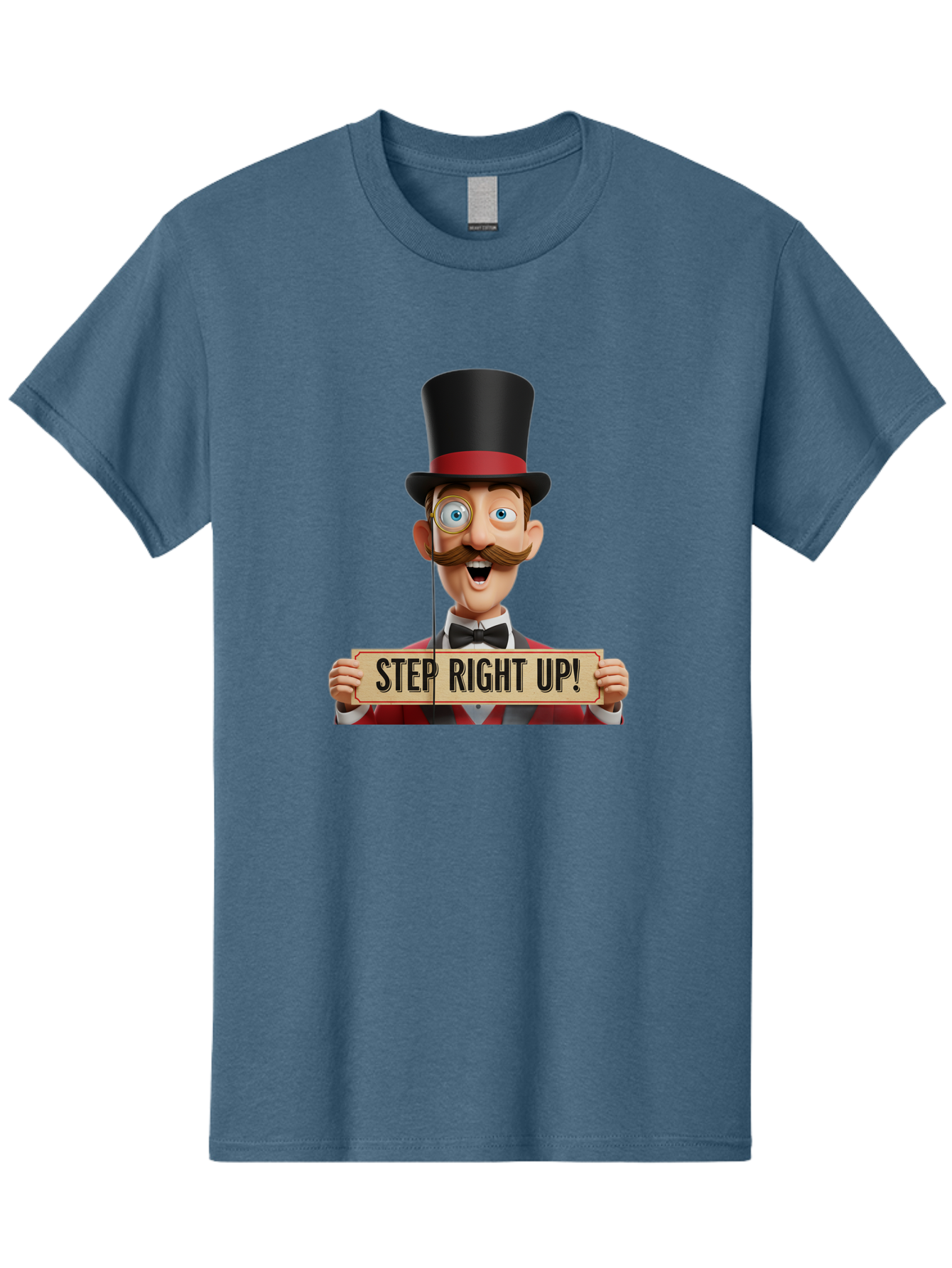 Step-Right-Up-3 Men'S Graphic Tee, 100% Cotton, Comfortable Casual Summer Wear, Machine Washable, Cartoon Ringmaster, Top Hat, Red Jacket, Green Vest, Vintage Style, Step Right Up Banner, Carnival Barker, Circus Theme, Victorian Era Fashion, Bad723
