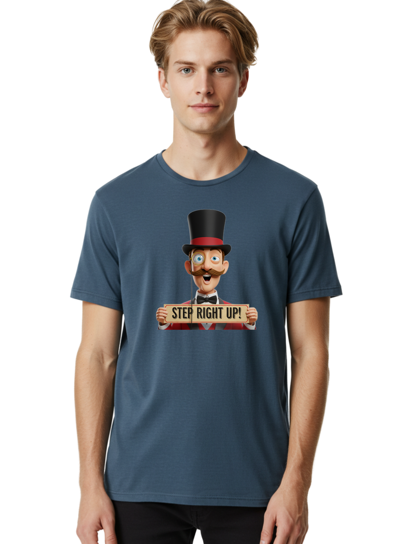 Step-Right-Up-3 Men'S Graphic Tee, 100% Cotton, Comfortable Casual Summer Wear, Machine Washable, Cartoon Ringmaster, Top Hat, Red Jacket, Green Vest, Vintage Style, Step Right Up Banner, Carnival Barker, Circus Theme, Victorian Era Fashion, Bad723