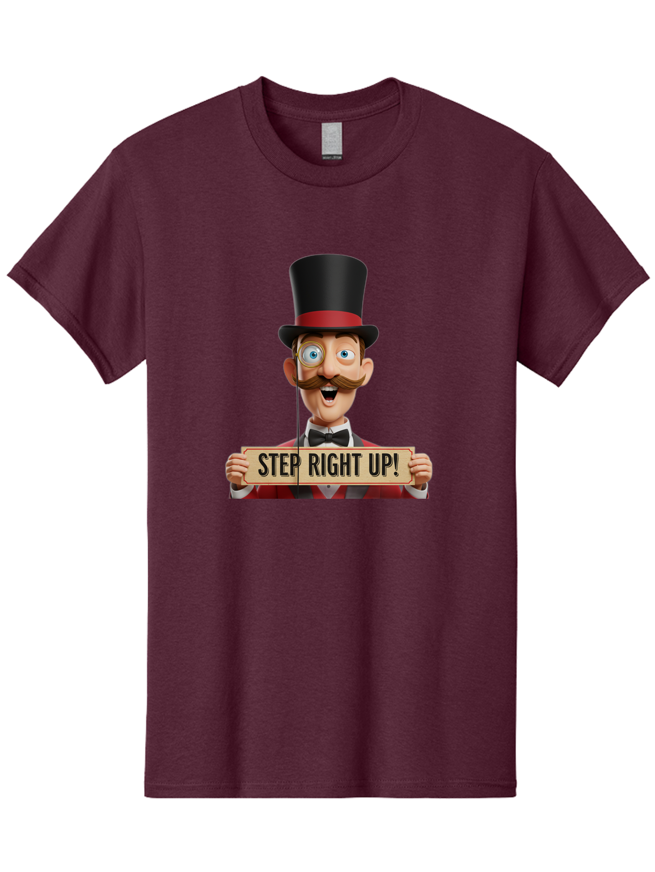 Step-Right-Up-3 Men'S Graphic Tee, 100% Cotton, Comfortable Casual Summer Wear, Machine Washable, Cartoon Ringmaster, Top Hat, Red Jacket, Green Vest, Vintage Style, Step Right Up Banner, Carnival Barker, Circus Theme, Victorian Era Fashion, Bad723