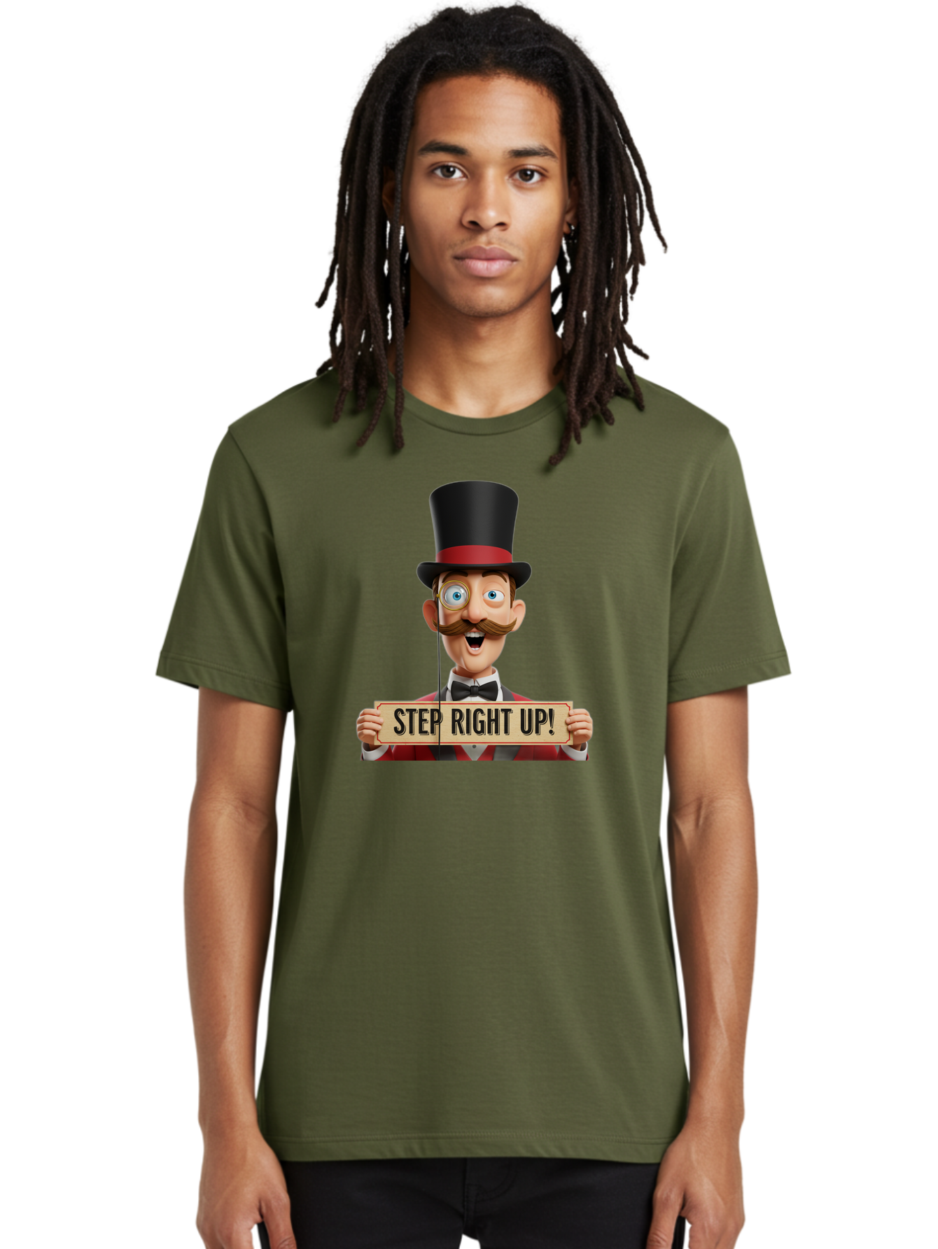 Step-Right-Up-3 Men'S Graphic Tee, 100% Cotton, Comfortable Casual Summer Wear, Machine Washable, Cartoon Ringmaster, Top Hat, Red Jacket, Green Vest, Vintage Style, Step Right Up Banner, Carnival Barker, Circus Theme, Victorian Era Fashion, Bad723