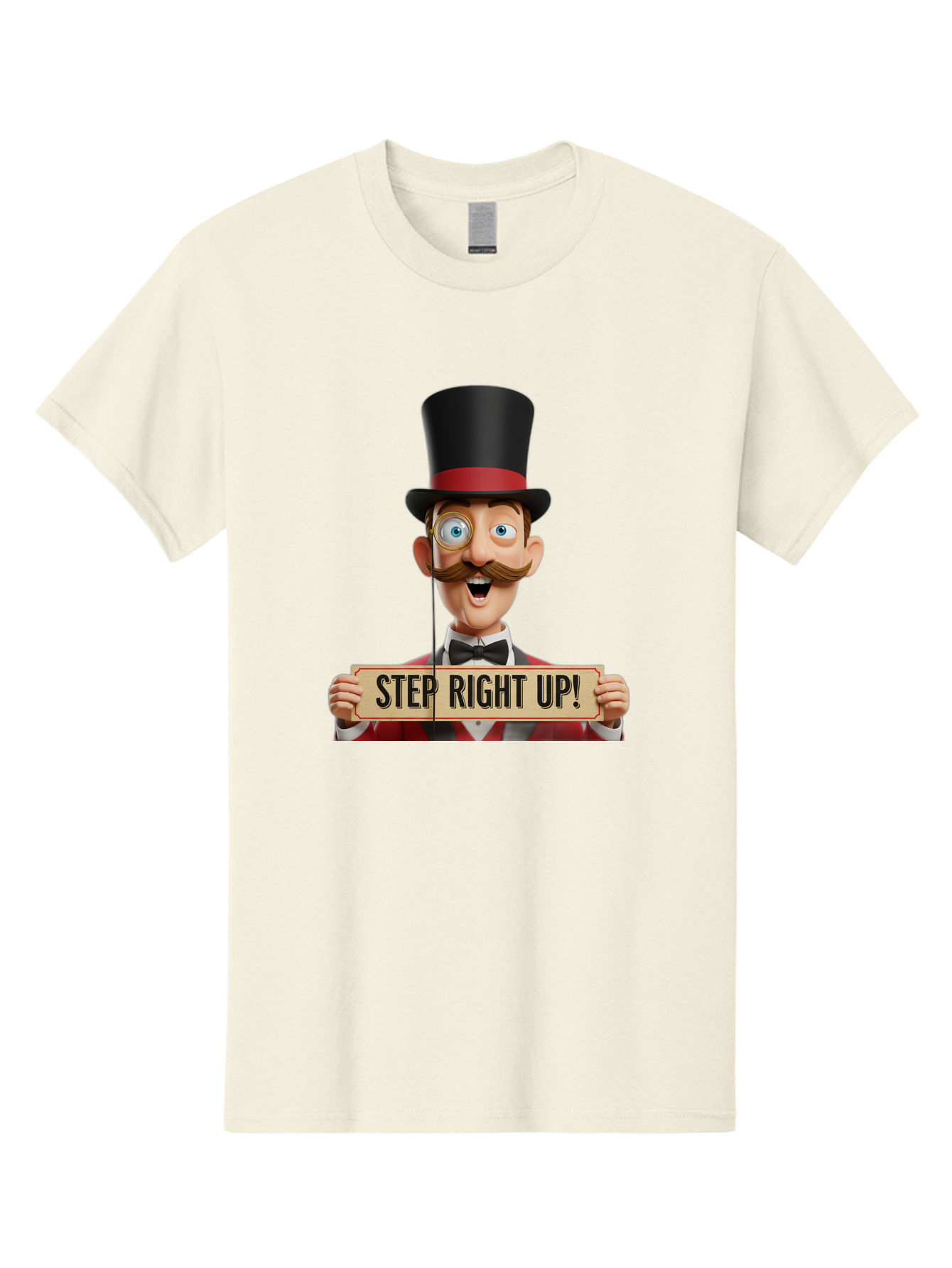 Step-Right-Up-3 Men'S Graphic Tee, 100% Cotton, Comfortable Casual Summer Wear, Machine Washable, Cartoon Ringmaster, Top Hat, Red Jacket, Green Vest, Vintage Style, Step Right Up Banner, Carnival Barker, Circus Theme, Victorian Era Fashion, Bad723