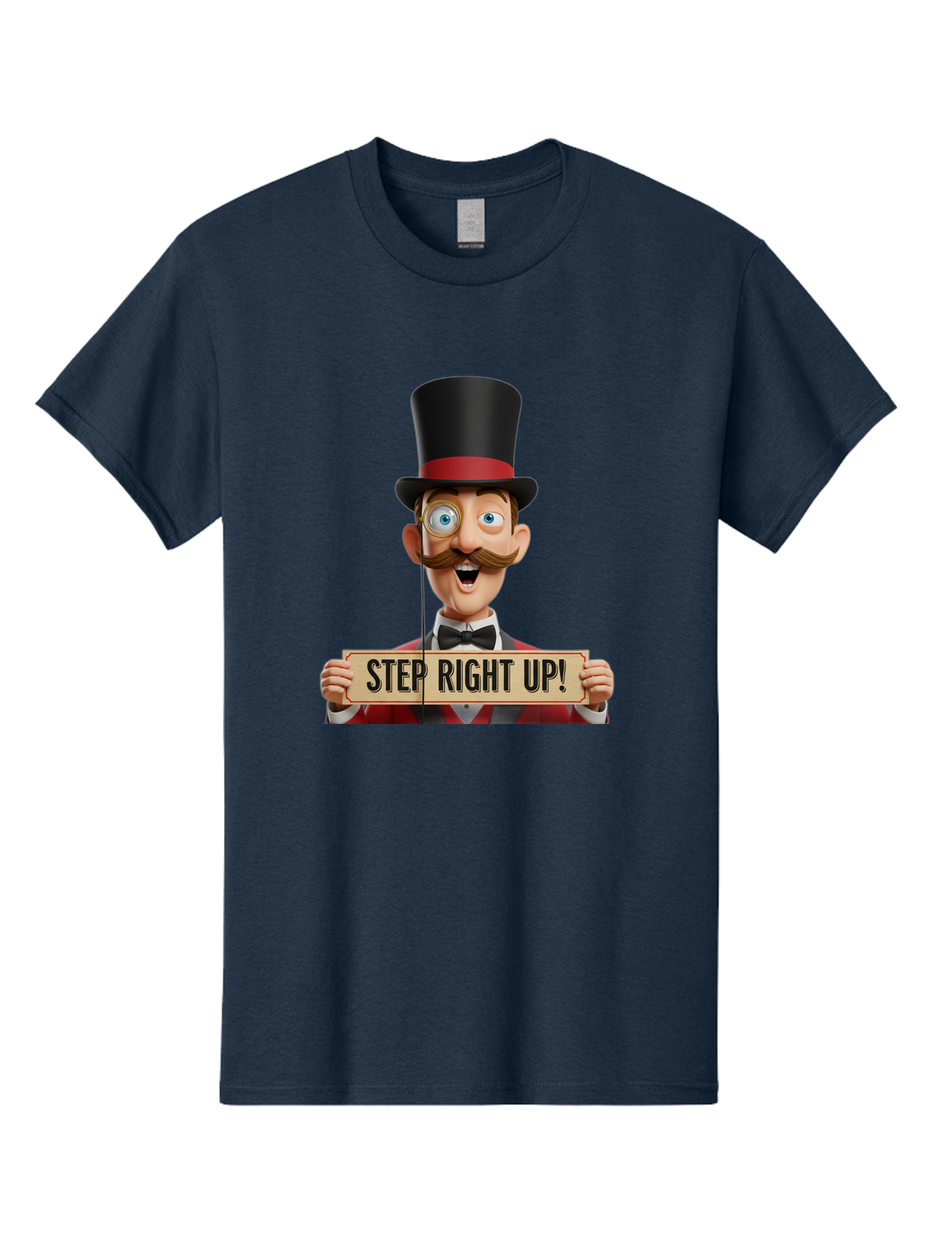 Step-Right-Up-3 Men'S Graphic Tee, 100% Cotton, Comfortable Casual Summer Wear, Machine Washable, Cartoon Ringmaster, Top Hat, Red Jacket, Green Vest, Vintage Style, Step Right Up Banner, Carnival Barker, Circus Theme, Victorian Era Fashion, Bad723