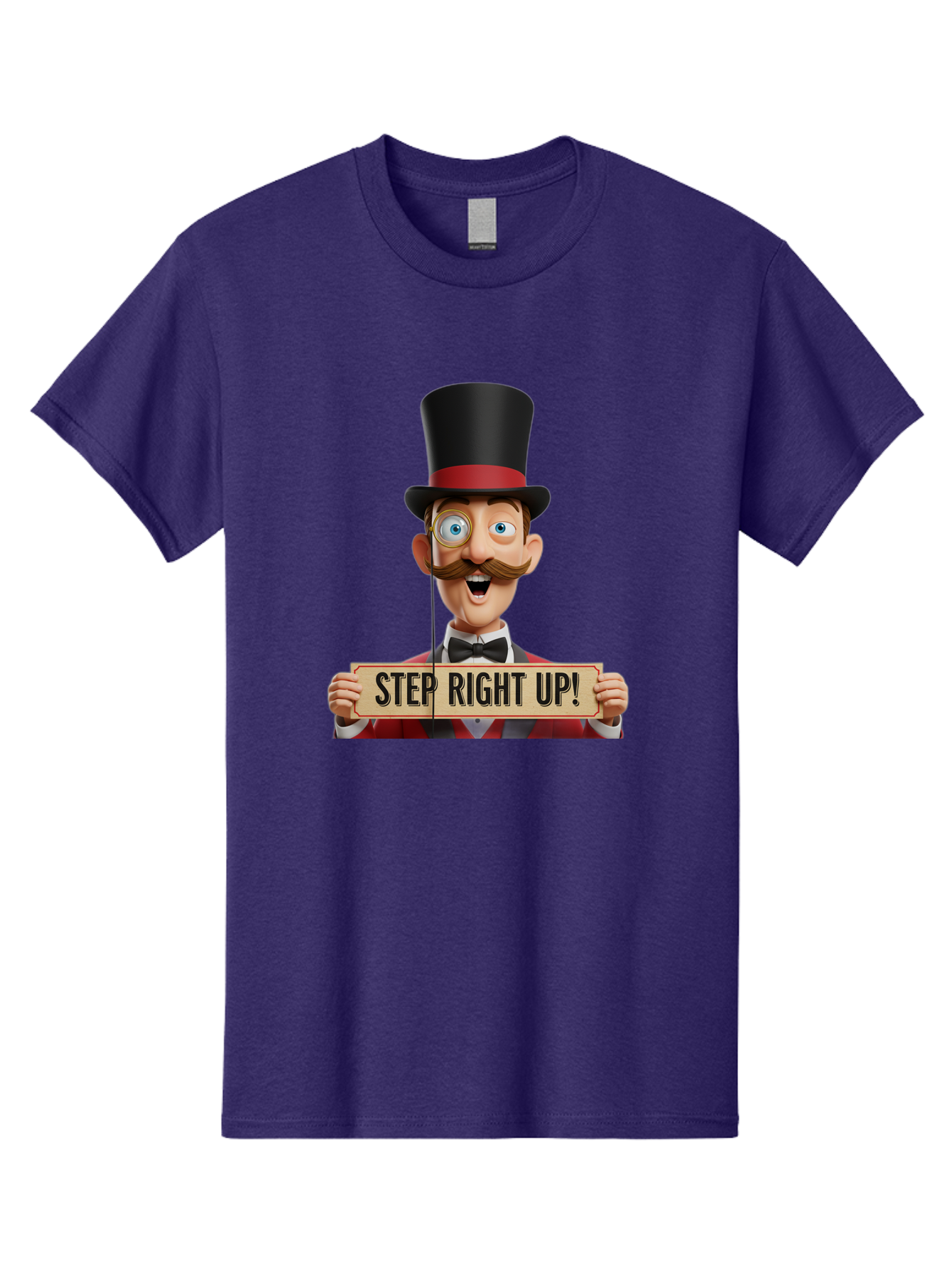 Step-Right-Up-3 Men'S Graphic Tee, 100% Cotton, Comfortable Casual Summer Wear, Machine Washable, Cartoon Ringmaster, Top Hat, Red Jacket, Green Vest, Vintage Style, Step Right Up Banner, Carnival Barker, Circus Theme, Victorian Era Fashion, Bad723