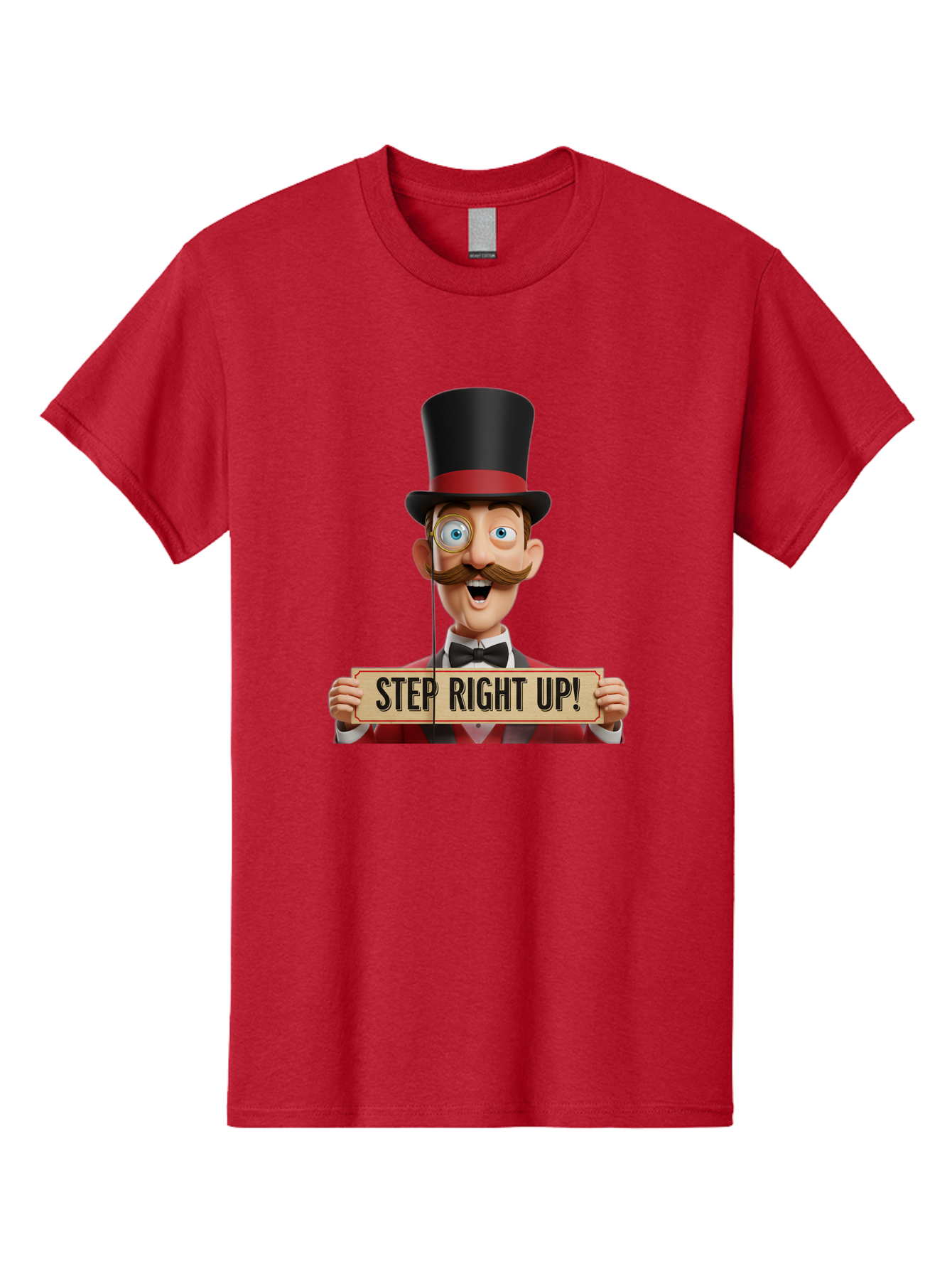 Step-Right-Up-3 Men'S Graphic Tee, 100% Cotton, Comfortable Casual Summer Wear, Machine Washable, Cartoon Ringmaster, Top Hat, Red Jacket, Green Vest, Vintage Style, Step Right Up Banner, Carnival Barker, Circus Theme, Victorian Era Fashion, Bad723