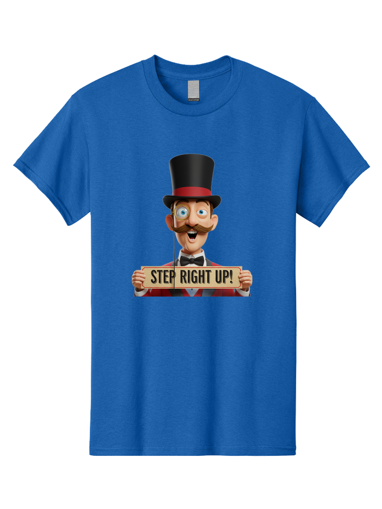 Step-Right-Up-3 Men'S Graphic Tee, 100% Cotton, Comfortable Casual Summer Wear, Machine Washable, Cartoon Ringmaster, Top Hat, Red Jacket, Green Vest, Vintage Style, Step Right Up Banner, Carnival Barker, Circus Theme, Victorian Era Fashion, Bad723