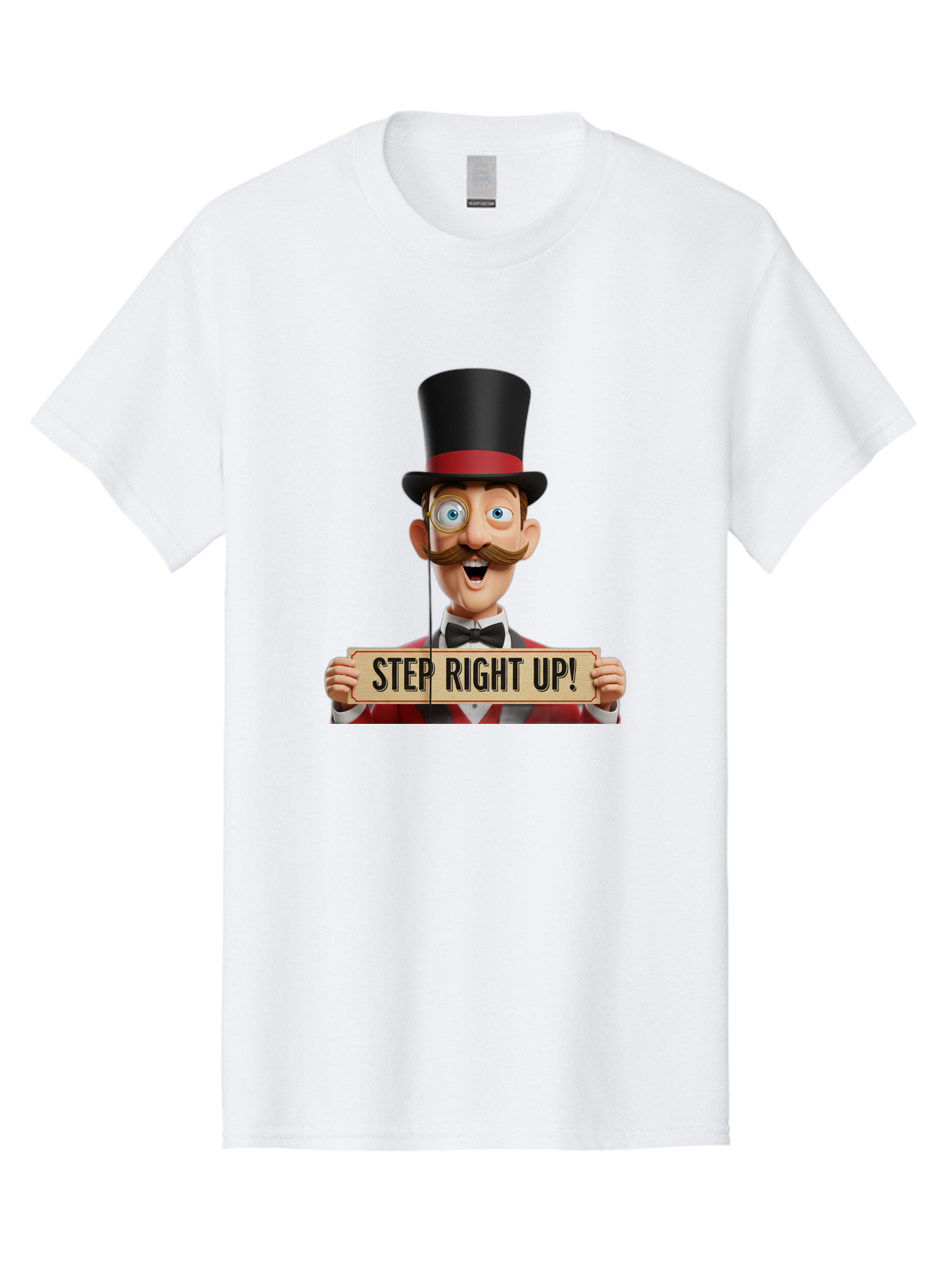 Step-Right-Up-3 Men'S Graphic Tee, 100% Cotton, Comfortable Casual Summer Wear, Machine Washable, Cartoon Ringmaster, Top Hat, Red Jacket, Green Vest, Vintage Style, Step Right Up Banner, Carnival Barker, Circus Theme, Victorian Era Fashion, Bad723