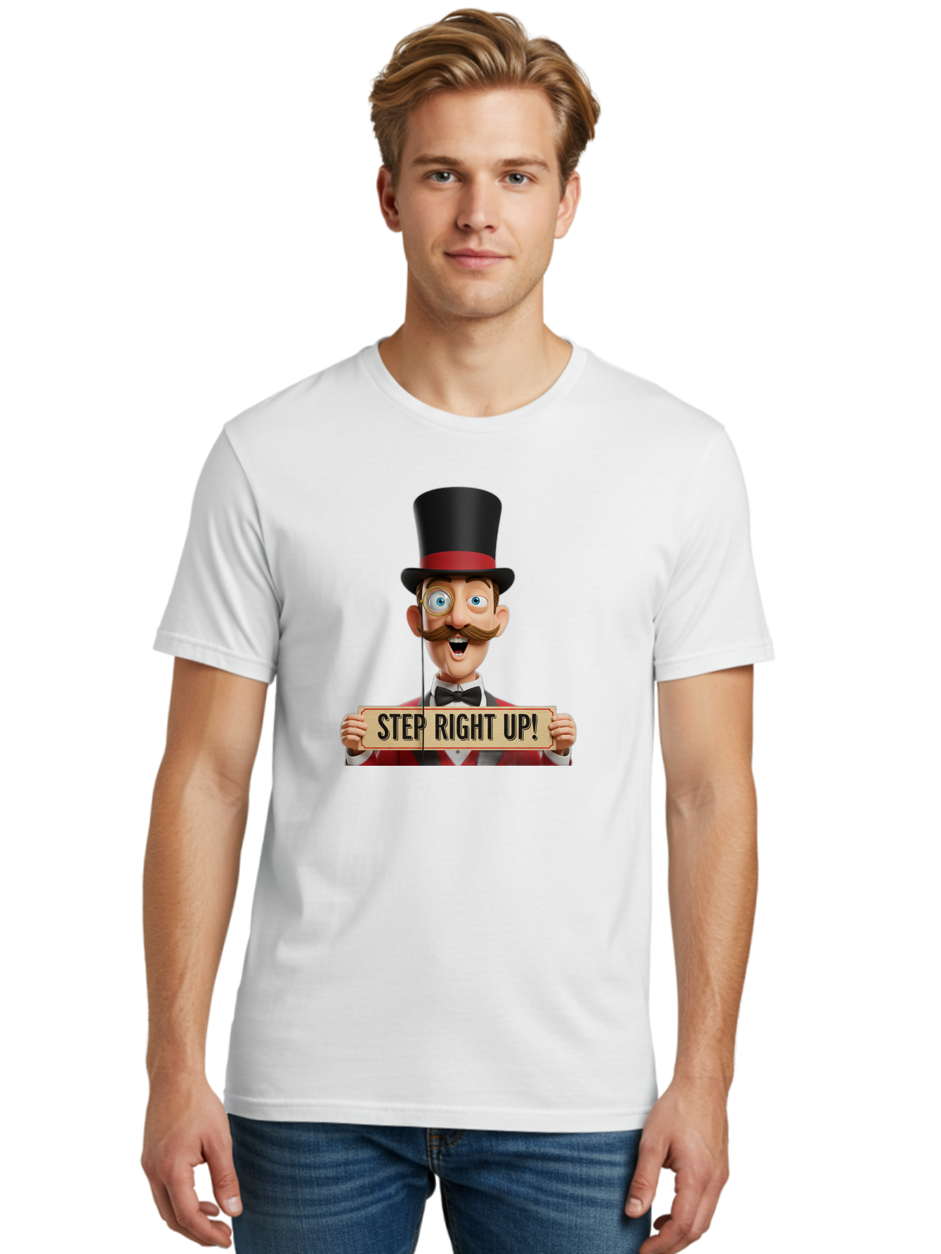 Step-Right-Up-3 Men'S Graphic Tee, 100% Cotton, Comfortable Casual Summer Wear, Machine Washable, Cartoon Ringmaster, Top Hat, Red Jacket, Green Vest, Vintage Style, Step Right Up Banner, Carnival Barker, Circus Theme, Victorian Era Fashion, Bad723