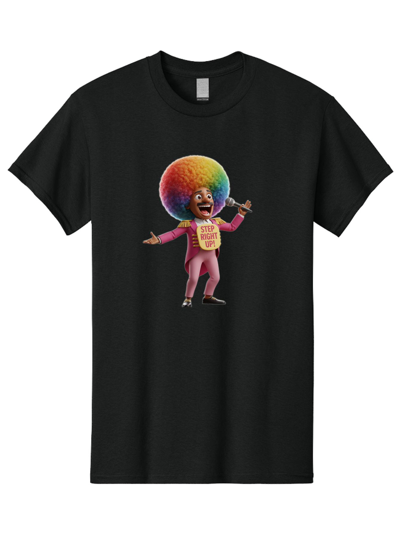 Step-Right-Up-4 Men'S Graphic Tee, 100% Cotton, Comfortable Casual Summer Wear, Machine Washable, Cartoon Character, Colorful Afro, Pink Suit, Microphone, Playful Pose, Lively Expression, Entertainer, Showmanship, Charismatic Personality, Bad724