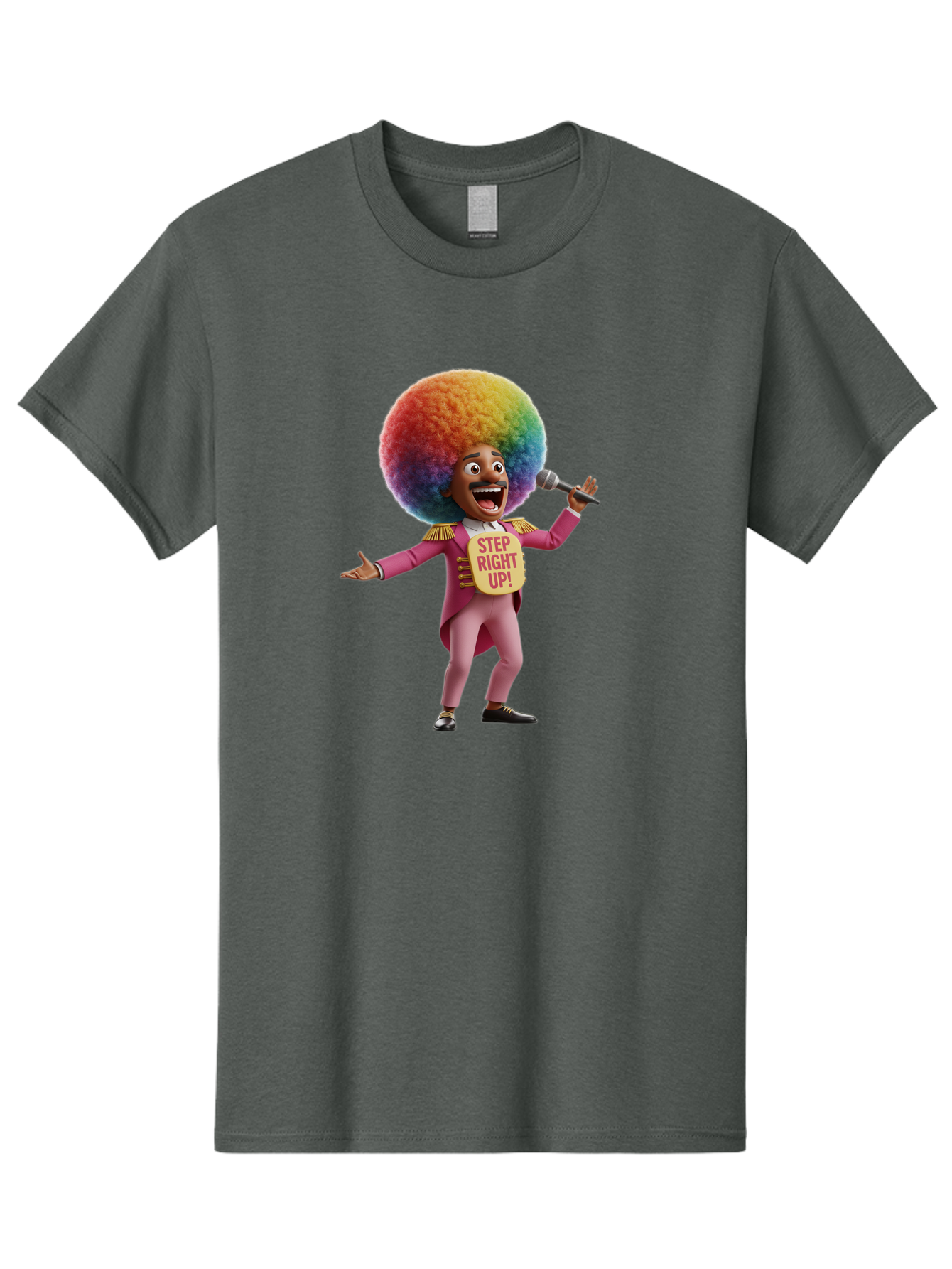 Step-Right-Up-4 Men'S Graphic Tee, 100% Cotton, Comfortable Casual Summer Wear, Machine Washable, Cartoon Character, Colorful Afro, Pink Suit, Microphone, Playful Pose, Lively Expression, Entertainer, Showmanship, Charismatic Personality, Bad724