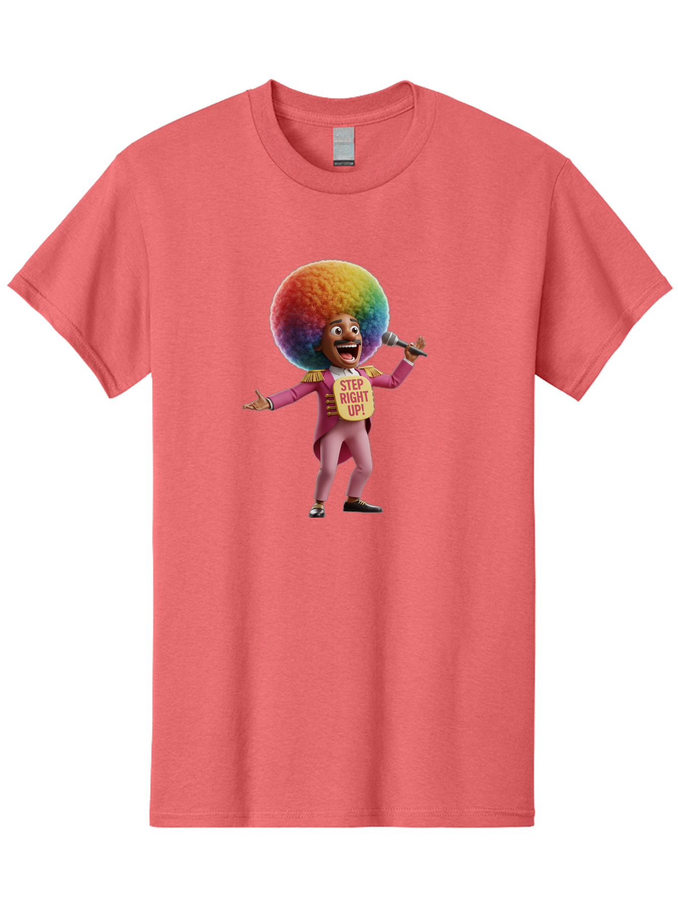 Step-Right-Up-4 Men'S Graphic Tee, 100% Cotton, Comfortable Casual Summer Wear, Machine Washable, Cartoon Character, Colorful Afro, Pink Suit, Microphone, Playful Pose, Lively Expression, Entertainer, Showmanship, Charismatic Personality, Bad724