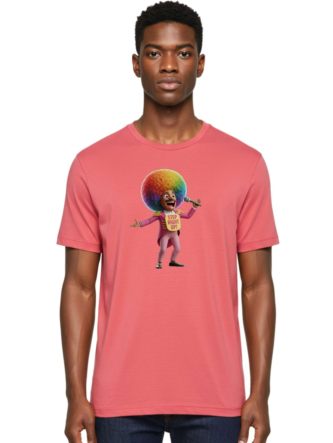 Step-Right-Up-4 Men'S Graphic Tee, 100% Cotton, Comfortable Casual Summer Wear, Machine Washable, Cartoon Character, Colorful Afro, Pink Suit, Microphone, Playful Pose, Lively Expression, Entertainer, Showmanship, Charismatic Personality, Bad724