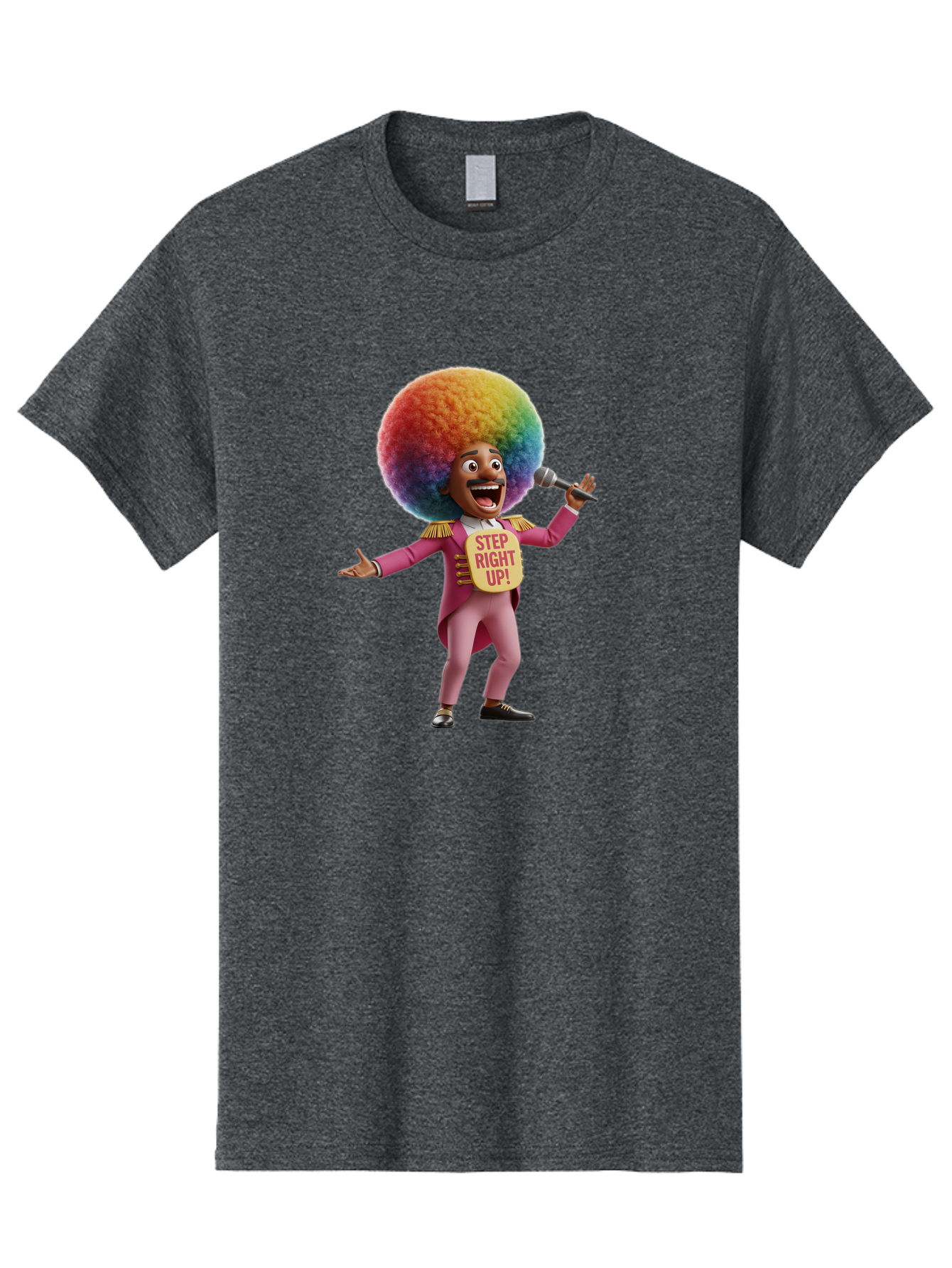 Step-Right-Up-4 Men'S Graphic Tee, 100% Cotton, Comfortable Casual Summer Wear, Machine Washable, Cartoon Character, Colorful Afro, Pink Suit, Microphone, Playful Pose, Lively Expression, Entertainer, Showmanship, Charismatic Personality, Bad724