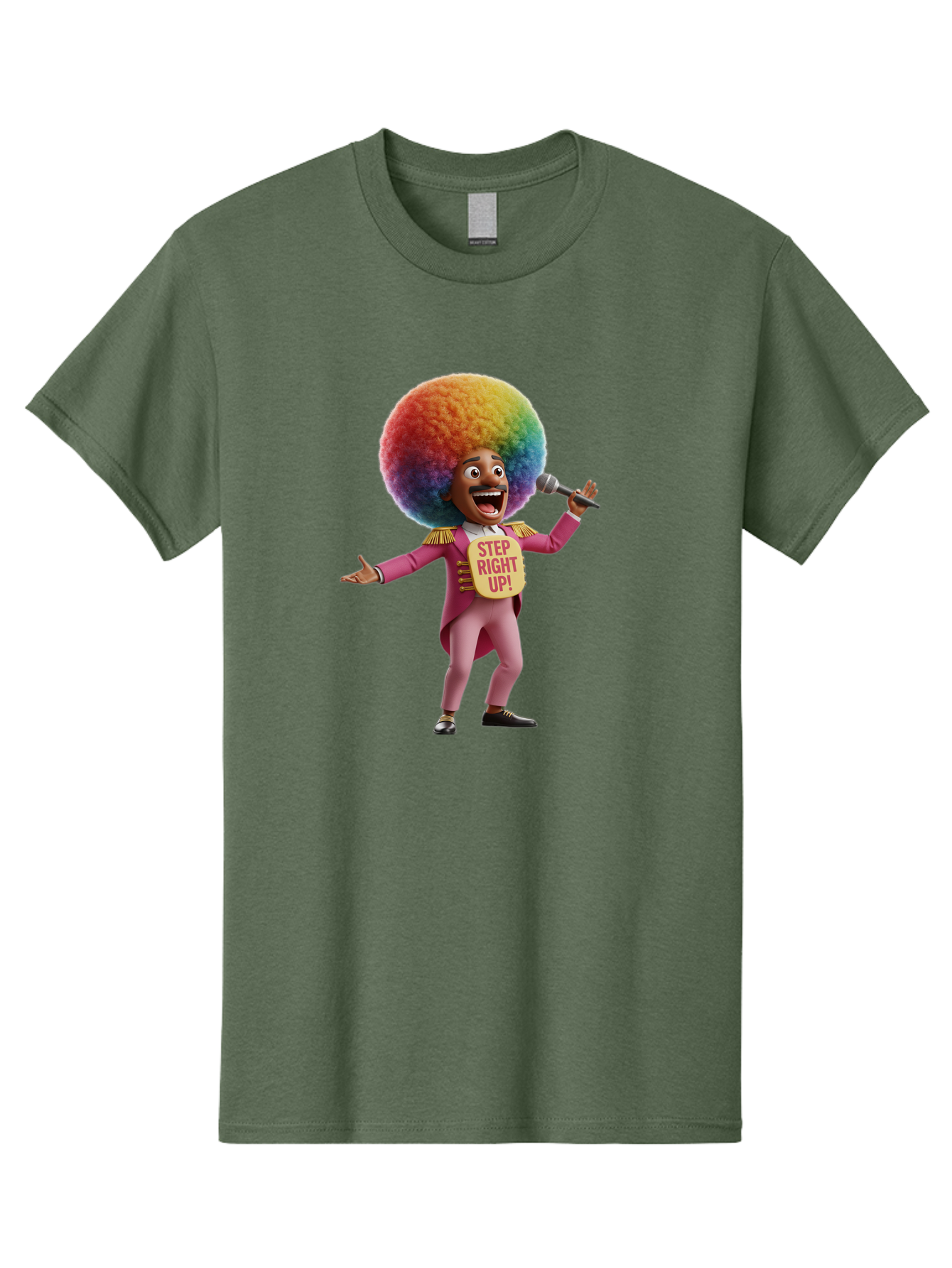 Step-Right-Up-4 Men'S Graphic Tee, 100% Cotton, Comfortable Casual Summer Wear, Machine Washable, Cartoon Character, Colorful Afro, Pink Suit, Microphone, Playful Pose, Lively Expression, Entertainer, Showmanship, Charismatic Personality, Bad724