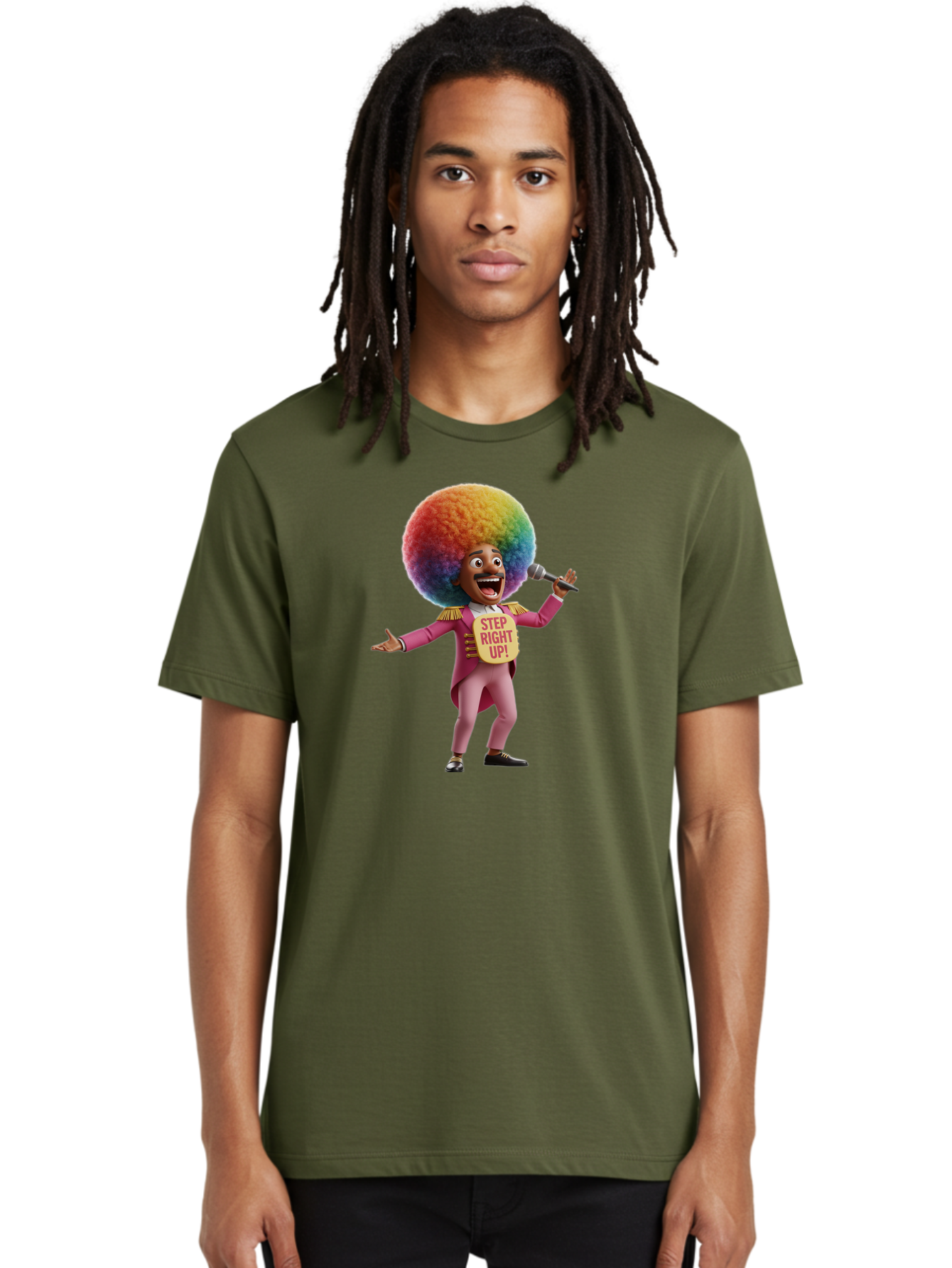 Step-Right-Up-4 Men'S Graphic Tee, 100% Cotton, Comfortable Casual Summer Wear, Machine Washable, Cartoon Character, Colorful Afro, Pink Suit, Microphone, Playful Pose, Lively Expression, Entertainer, Showmanship, Charismatic Personality, Bad724
