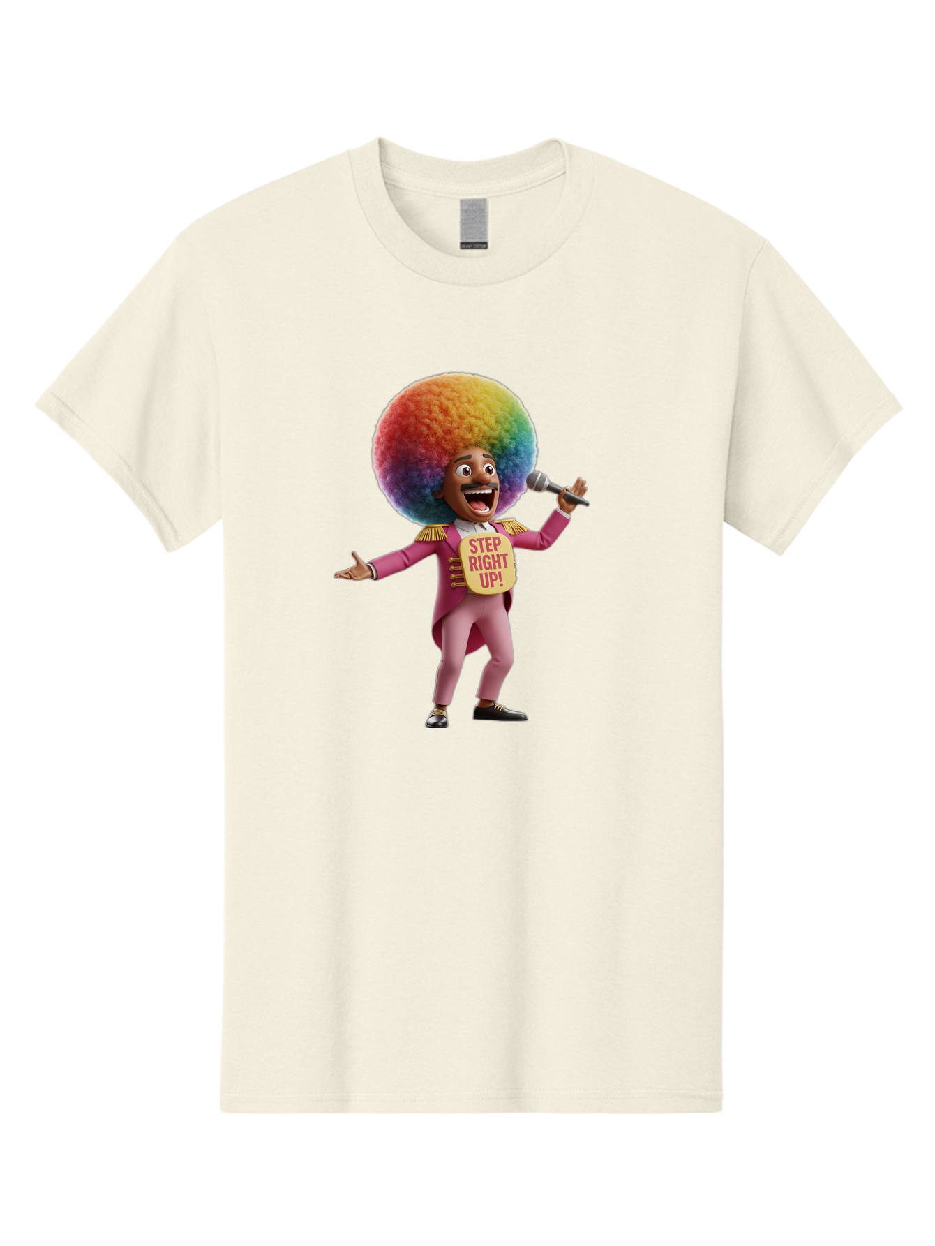 Step-Right-Up-4 Men'S Graphic Tee, 100% Cotton, Comfortable Casual Summer Wear, Machine Washable, Cartoon Character, Colorful Afro, Pink Suit, Microphone, Playful Pose, Lively Expression, Entertainer, Showmanship, Charismatic Personality, Bad724