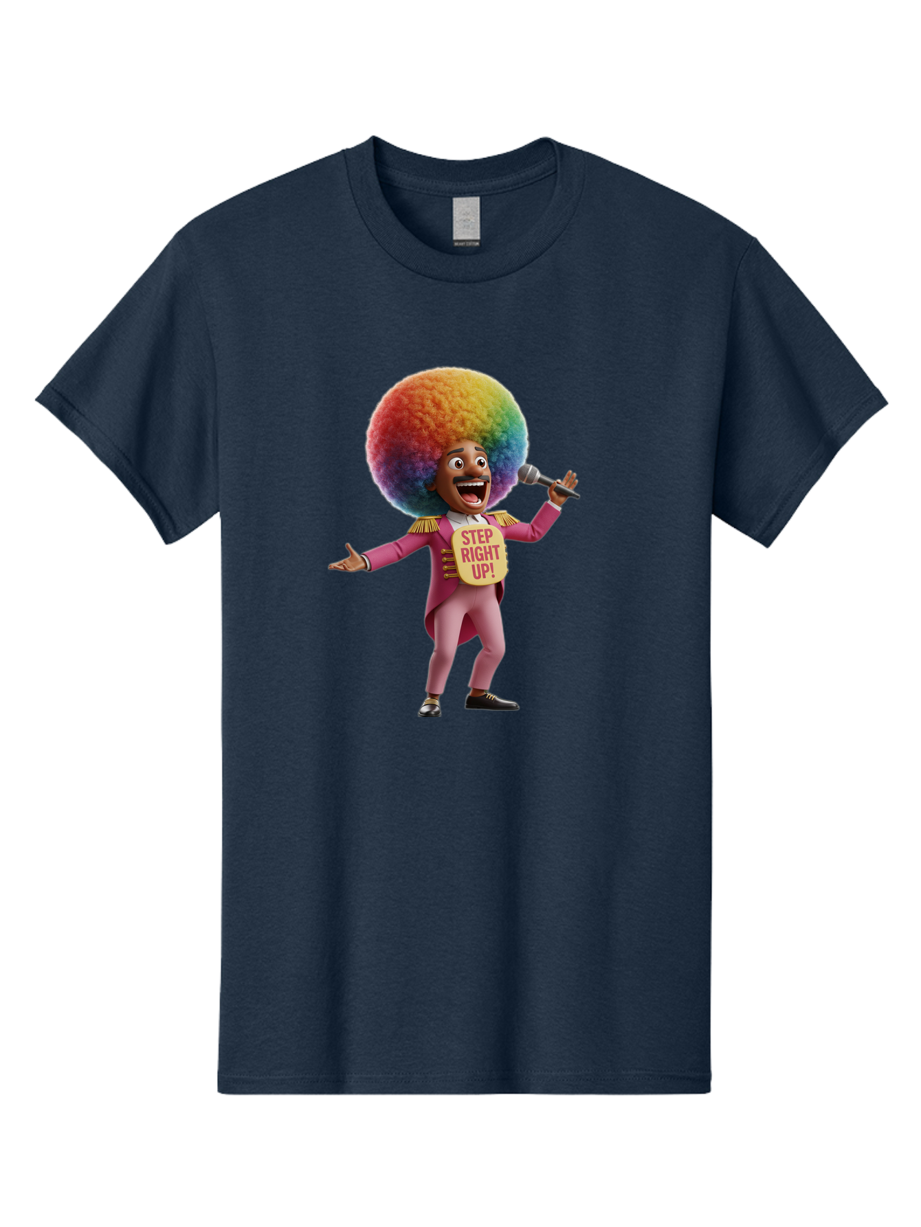 Step-Right-Up-4 Men'S Graphic Tee, 100% Cotton, Comfortable Casual Summer Wear, Machine Washable, Cartoon Character, Colorful Afro, Pink Suit, Microphone, Playful Pose, Lively Expression, Entertainer, Showmanship, Charismatic Personality, Bad724