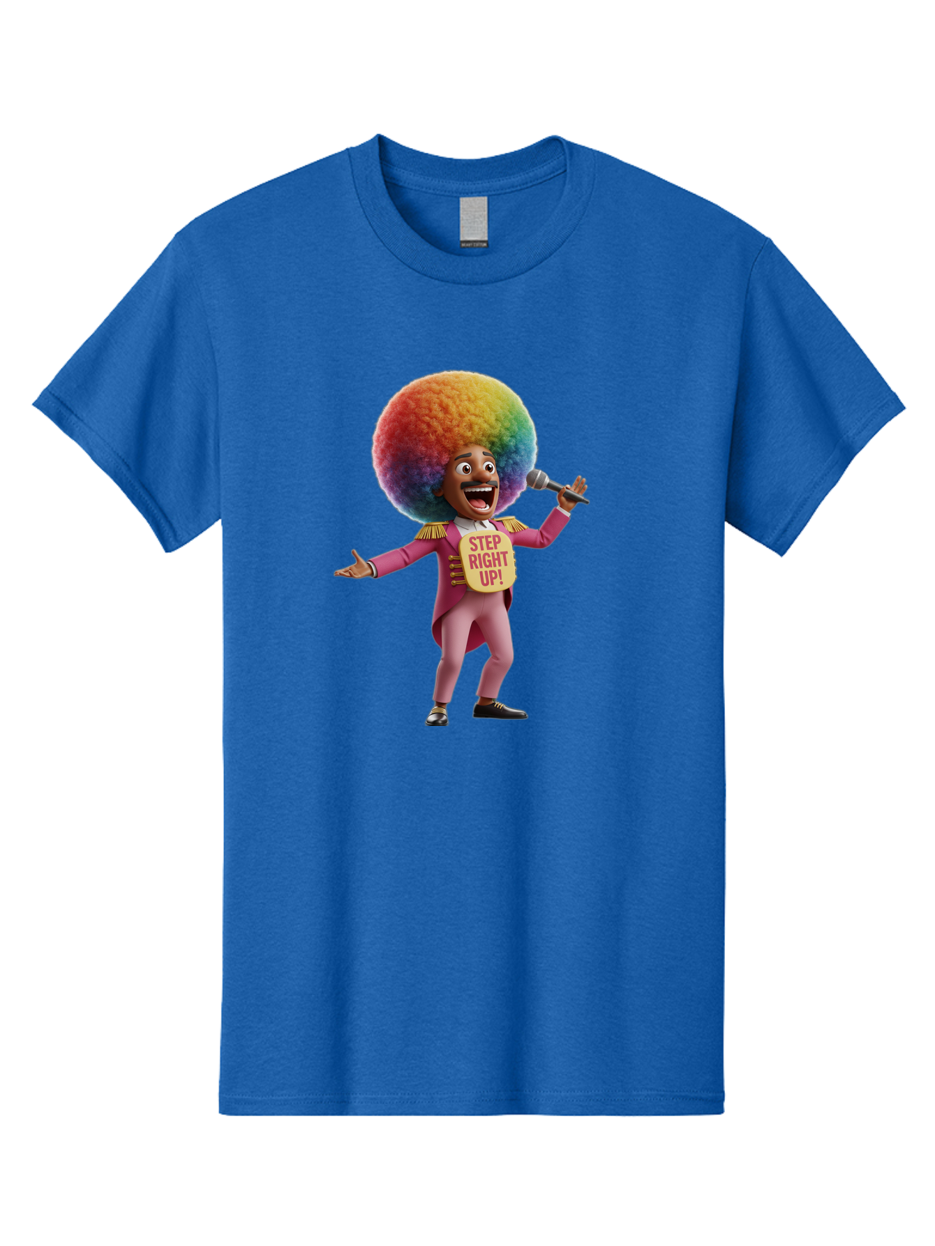 Step-Right-Up-4 Men'S Graphic Tee, 100% Cotton, Comfortable Casual Summer Wear, Machine Washable, Cartoon Character, Colorful Afro, Pink Suit, Microphone, Playful Pose, Lively Expression, Entertainer, Showmanship, Charismatic Personality, Bad724