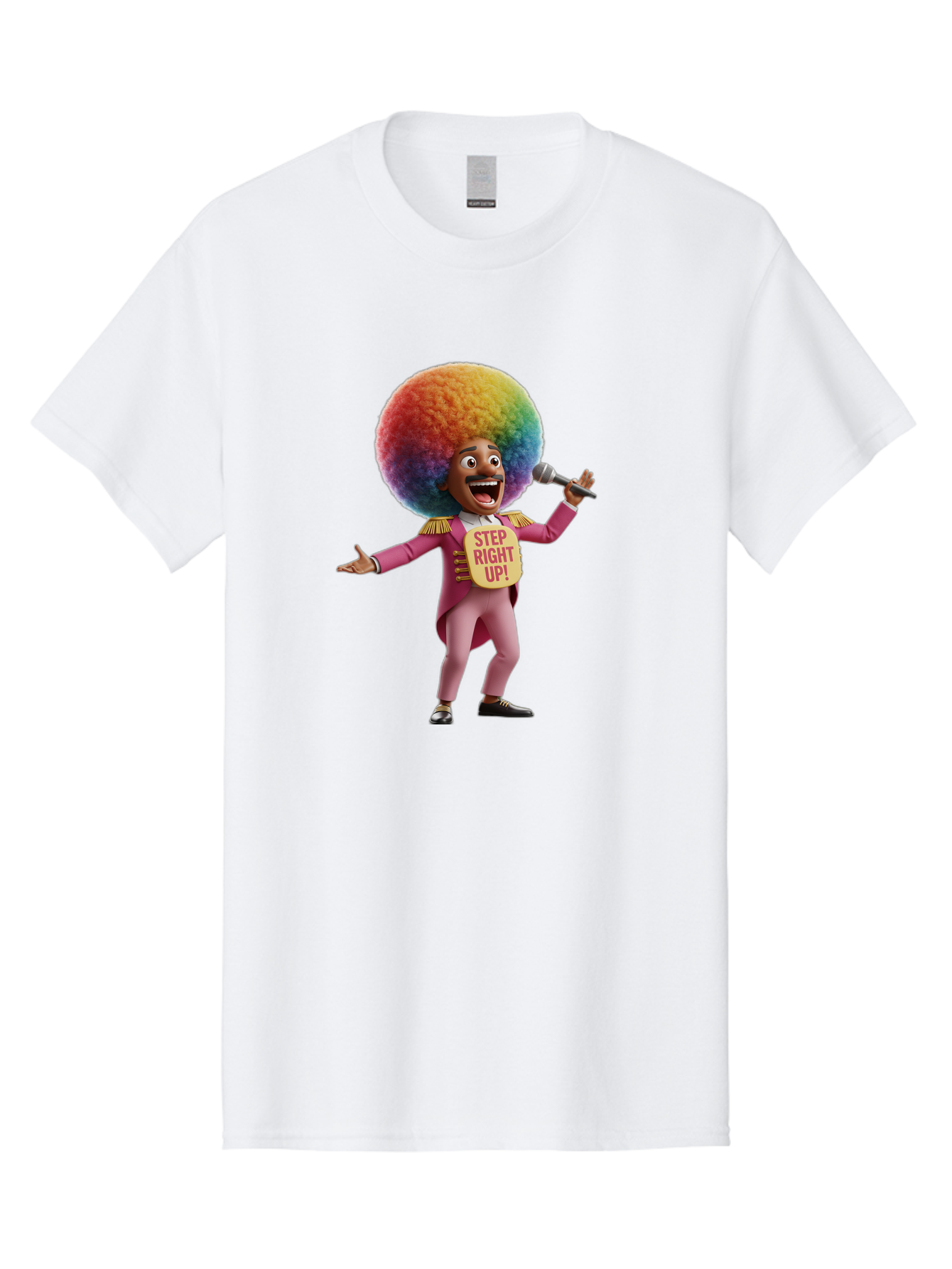 Step-Right-Up-4 Men'S Graphic Tee, 100% Cotton, Comfortable Casual Summer Wear, Machine Washable, Cartoon Character, Colorful Afro, Pink Suit, Microphone, Playful Pose, Lively Expression, Entertainer, Showmanship, Charismatic Personality, Bad724