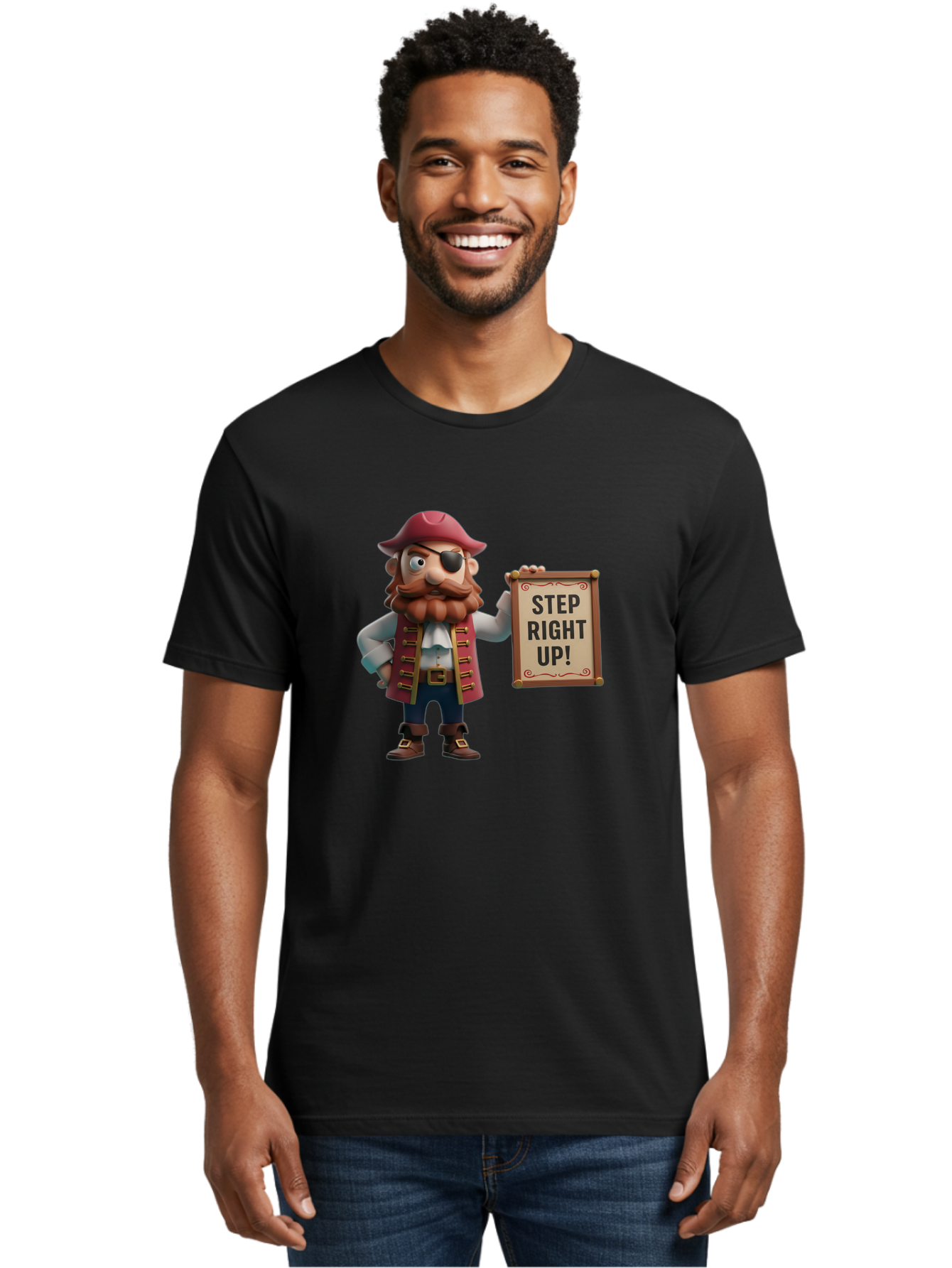 Step-Right-Up Men'S Graphic Tee, 100% Cotton, Comfortable Casual Summer Wear, Machine Washable, Pirate Character, Cartoon Illustration, Step Right Up Sign, Pirate Costume, Red Hat, Eye Patch, Curly Beard, Vintage Style, Playful Atmosphere, Bad725