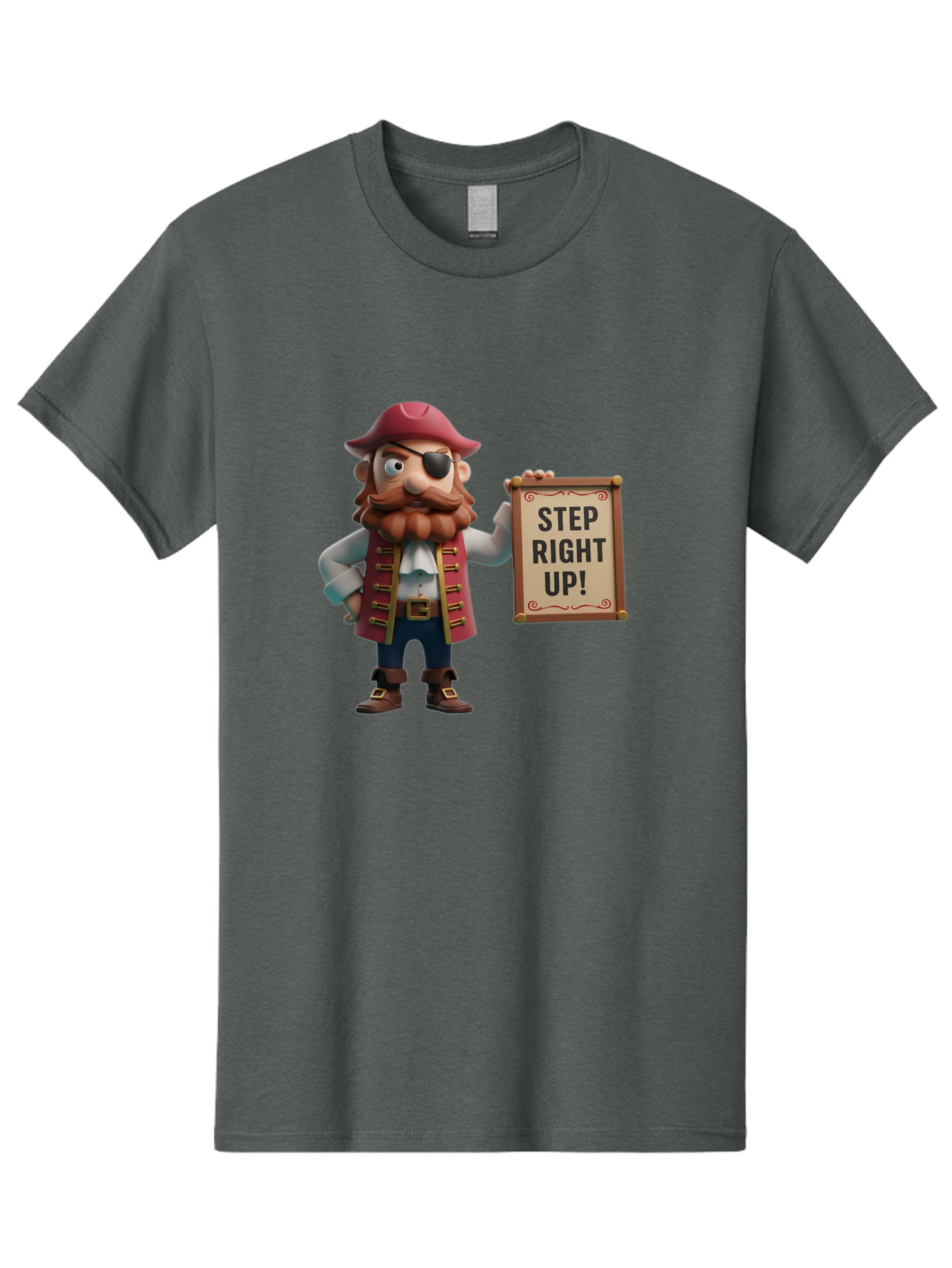 Step-Right-Up Men'S Graphic Tee, 100% Cotton, Comfortable Casual Summer Wear, Machine Washable, Pirate Character, Cartoon Illustration, Step Right Up Sign, Pirate Costume, Red Hat, Eye Patch, Curly Beard, Vintage Style, Playful Atmosphere, Bad725