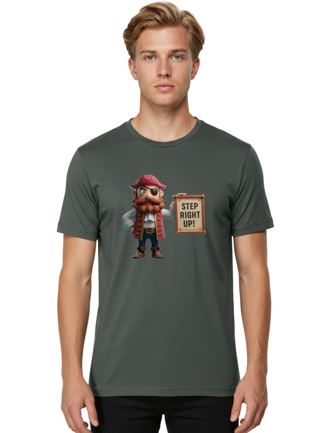 Step-Right-Up Men'S Graphic Tee, 100% Cotton, Comfortable Casual Summer Wear, Machine Washable, Pirate Character, Cartoon Illustration, Step Right Up Sign, Pirate Costume, Red Hat, Eye Patch, Curly Beard, Vintage Style, Playful Atmosphere, Bad725