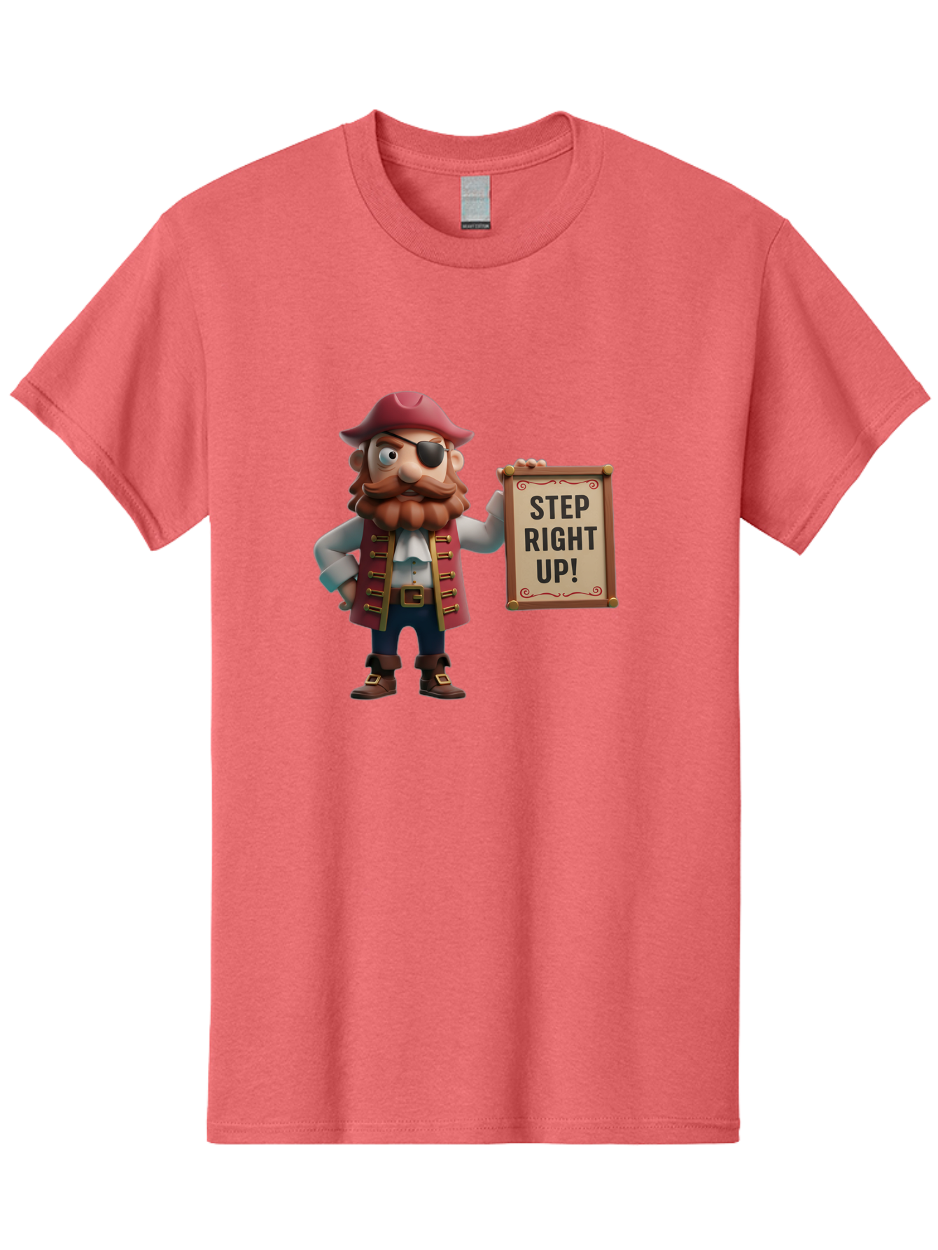 Step-Right-Up Men'S Graphic Tee, 100% Cotton, Comfortable Casual Summer Wear, Machine Washable, Pirate Character, Cartoon Illustration, Step Right Up Sign, Pirate Costume, Red Hat, Eye Patch, Curly Beard, Vintage Style, Playful Atmosphere, Bad725