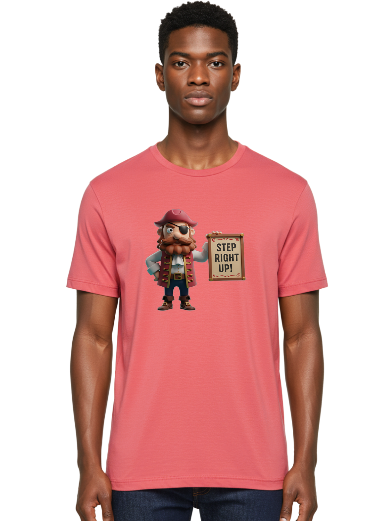 Step-Right-Up Men'S Graphic Tee, 100% Cotton, Comfortable Casual Summer Wear, Machine Washable, Pirate Character, Cartoon Illustration, Step Right Up Sign, Pirate Costume, Red Hat, Eye Patch, Curly Beard, Vintage Style, Playful Atmosphere, Bad725