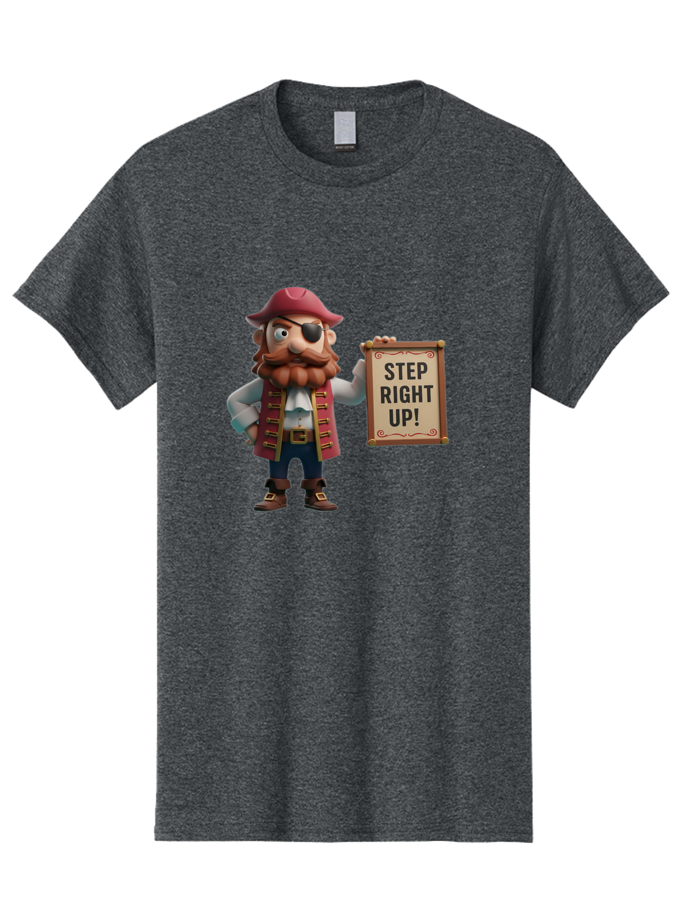 Step-Right-Up Men'S Graphic Tee, 100% Cotton, Comfortable Casual Summer Wear, Machine Washable, Pirate Character, Cartoon Illustration, Step Right Up Sign, Pirate Costume, Red Hat, Eye Patch, Curly Beard, Vintage Style, Playful Atmosphere, Bad725