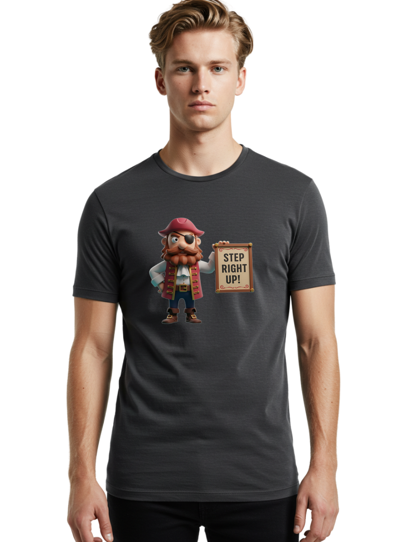 Step-Right-Up Men'S Graphic Tee, 100% Cotton, Comfortable Casual Summer Wear, Machine Washable, Pirate Character, Cartoon Illustration, Step Right Up Sign, Pirate Costume, Red Hat, Eye Patch, Curly Beard, Vintage Style, Playful Atmosphere, Bad725