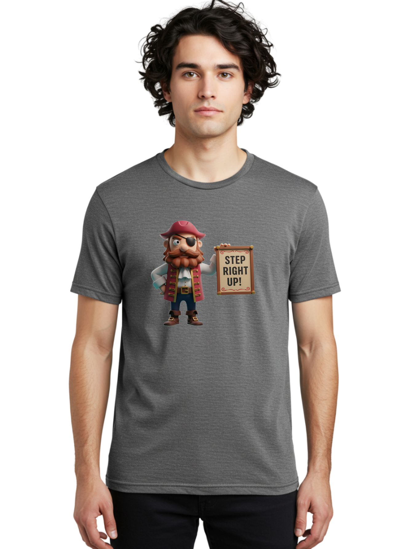 Step-Right-Up Men'S Graphic Tee, 100% Cotton, Comfortable Casual Summer Wear, Machine Washable, Pirate Character, Cartoon Illustration, Step Right Up Sign, Pirate Costume, Red Hat, Eye Patch, Curly Beard, Vintage Style, Playful Atmosphere, Bad725