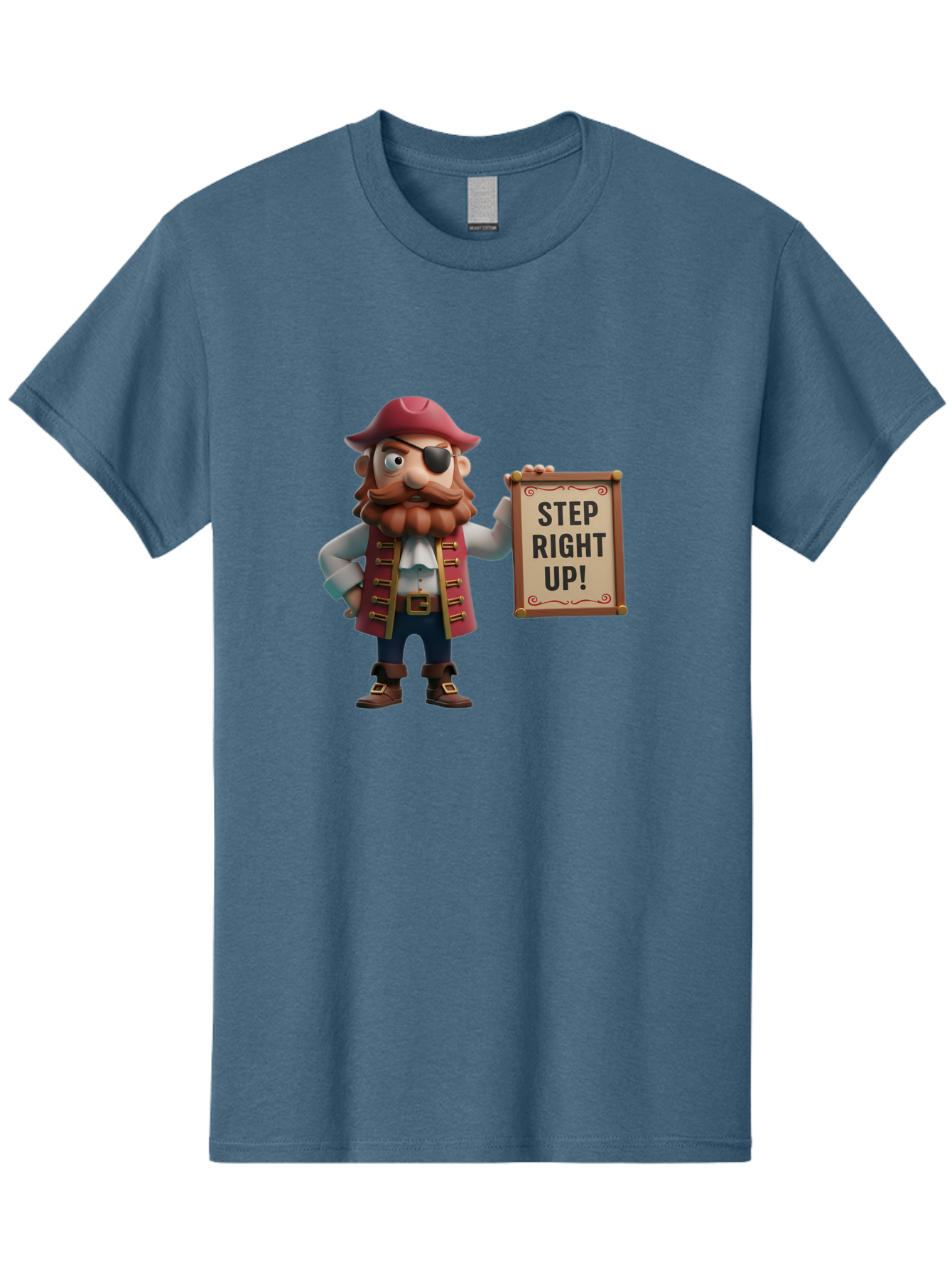 Step-Right-Up Men'S Graphic Tee, 100% Cotton, Comfortable Casual Summer Wear, Machine Washable, Pirate Character, Cartoon Illustration, Step Right Up Sign, Pirate Costume, Red Hat, Eye Patch, Curly Beard, Vintage Style, Playful Atmosphere, Bad725