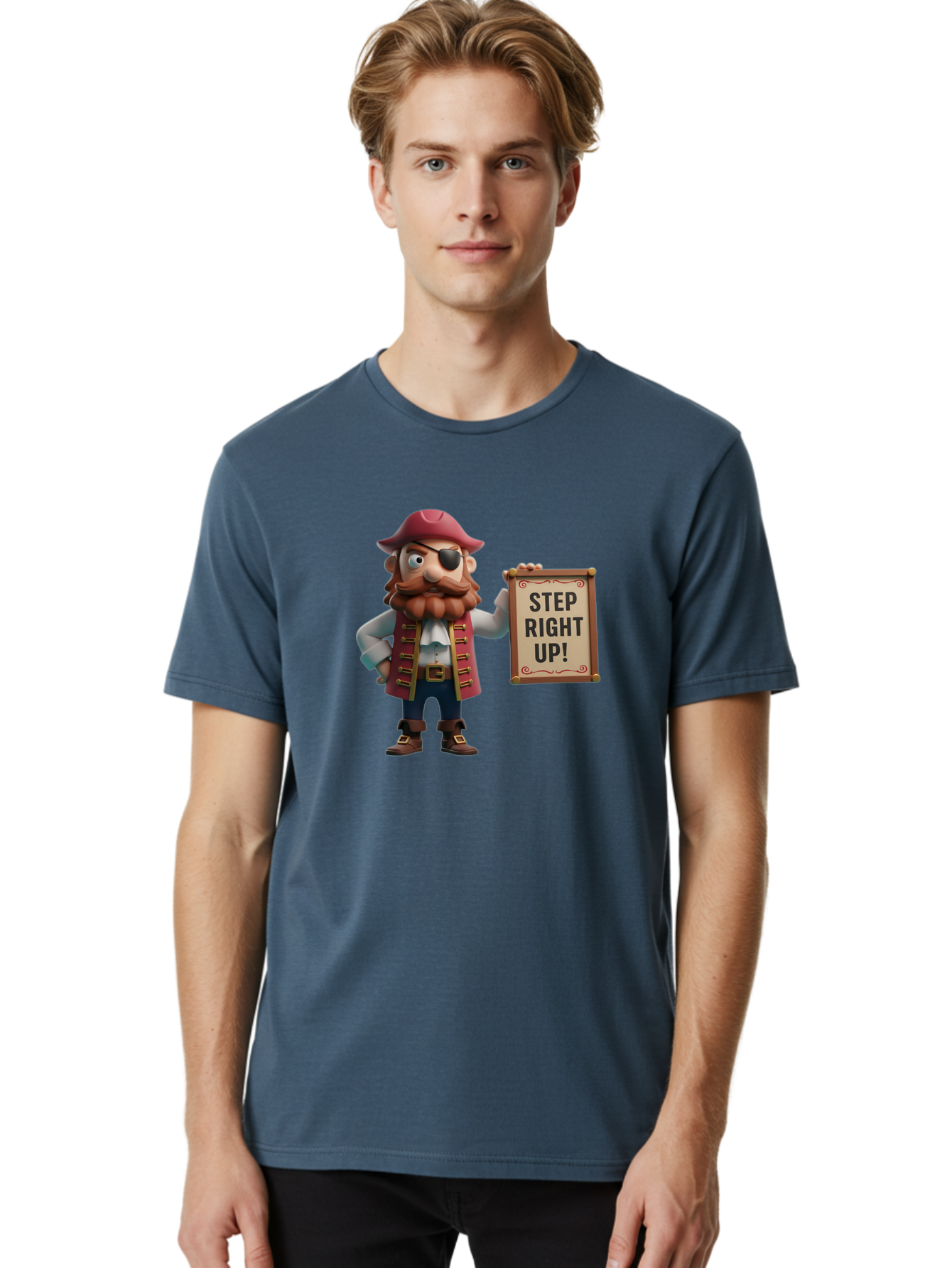 Step-Right-Up Men'S Graphic Tee, 100% Cotton, Comfortable Casual Summer Wear, Machine Washable, Pirate Character, Cartoon Illustration, Step Right Up Sign, Pirate Costume, Red Hat, Eye Patch, Curly Beard, Vintage Style, Playful Atmosphere, Bad725
